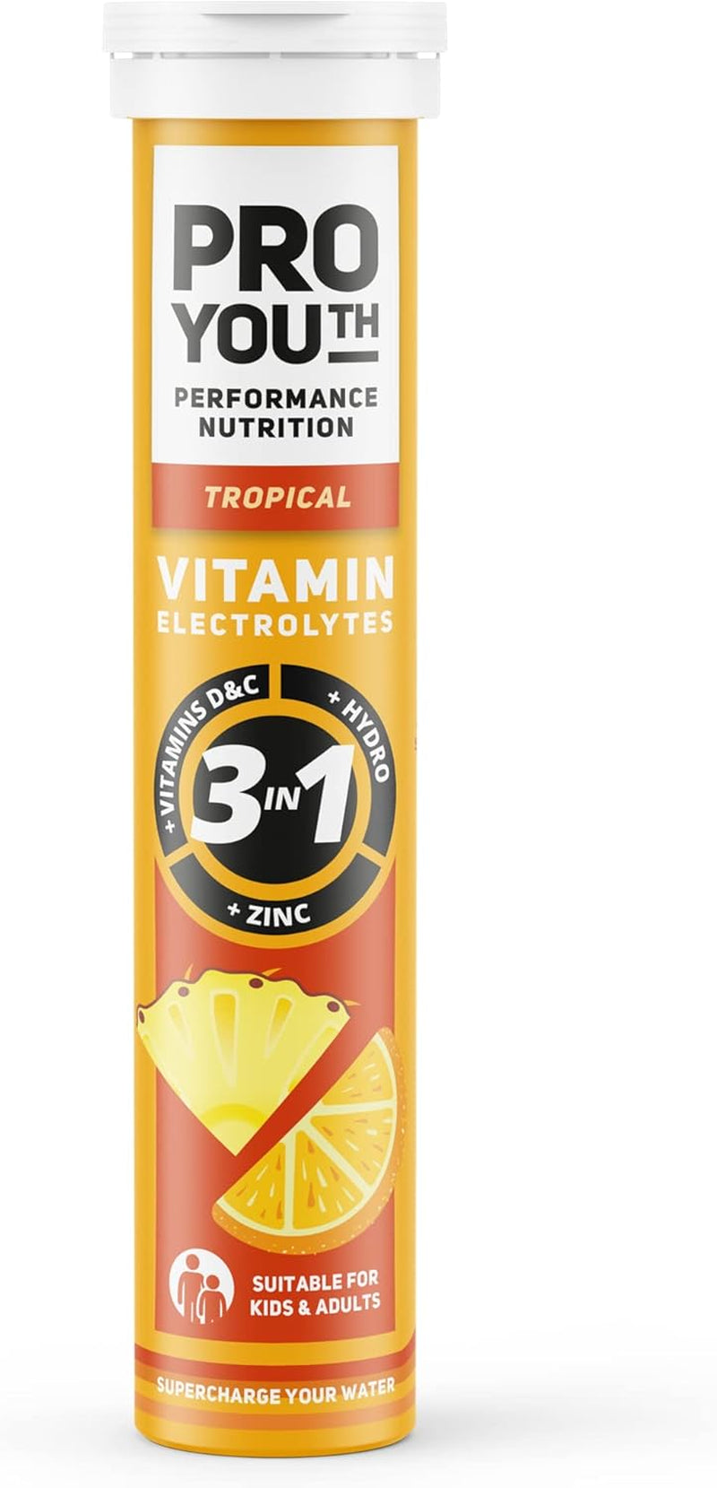Proyouth Electrolytes Tablets with Vitamins for Kids and Adults - Hydration & Rehydration Tablets with Electrolytes, Vitamins and Minerals - No Caffeine, No Sugar | 20 Tablets Tropical | Pack of 1
