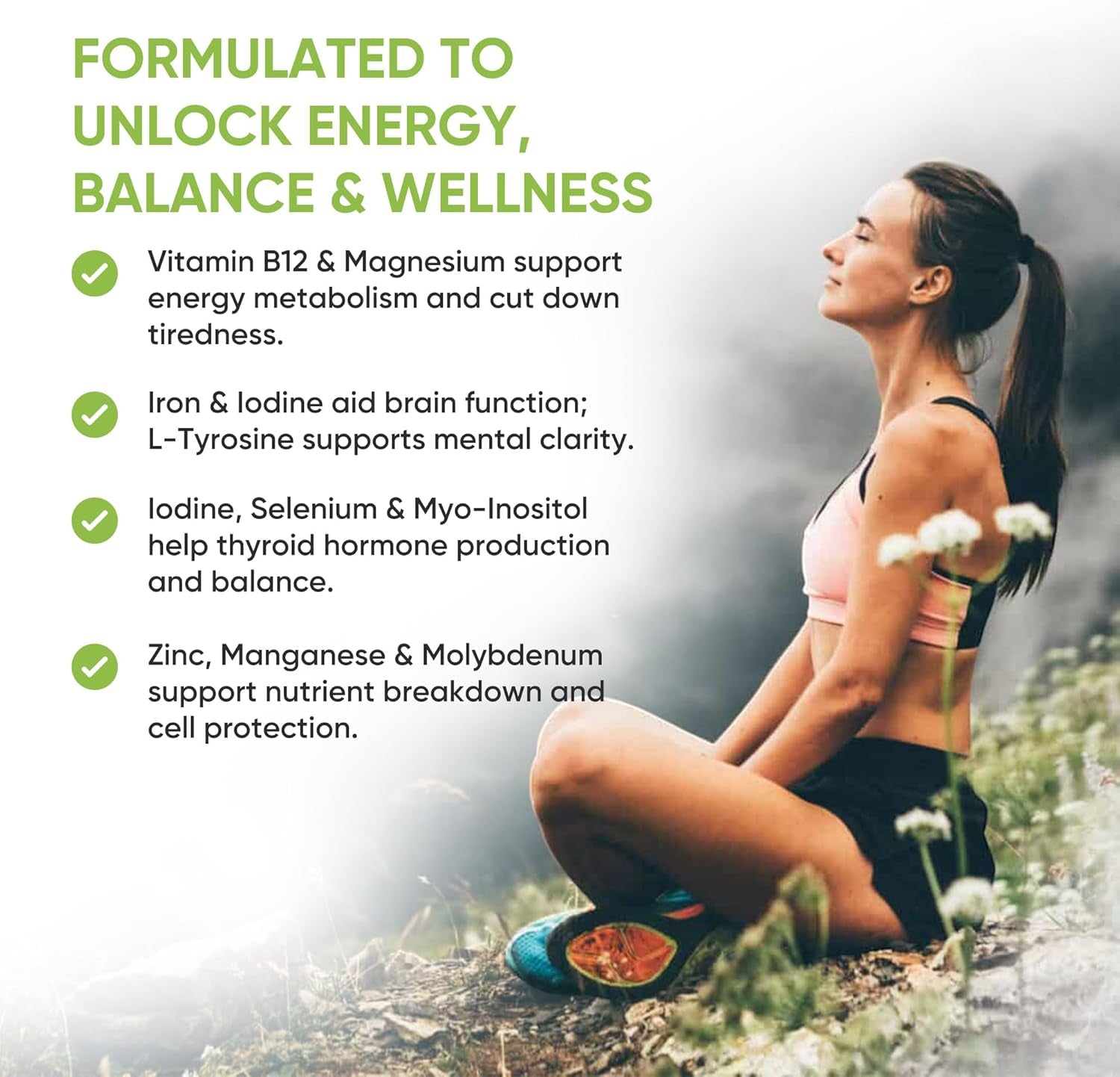 Thyroid Support Supplement - 60 Capsules - Includes Myo Inositol, L-Tyrosine, Iron, Magnesium, Zinc, Manganese, Selenium, Vitamin B12 - Contributes to the Reduction of Tiredness & Fatigue