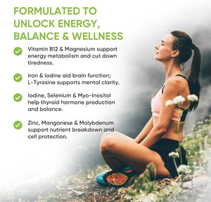 Thyroid Support Supplement - 60 Capsules - Includes Myo Inositol, L-Tyrosine, Iron, Magnesium, Zinc, Manganese, Selenium, Vitamin B12 - Contributes to the Reduction of Tiredness & Fatigue