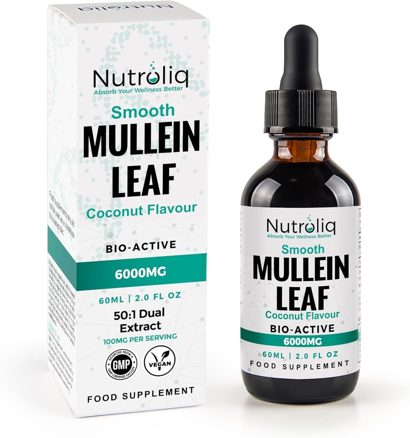 Nutroliq Mullein Leaf 50:1 Extract Drops - Vegan, Non-Gmo Supplements for Lung Cleanse and Respiratory Health, Digestive Wellness, Sound Sleep Support - Fast Absorption Tincture - 60Ml, 2 Month Supply