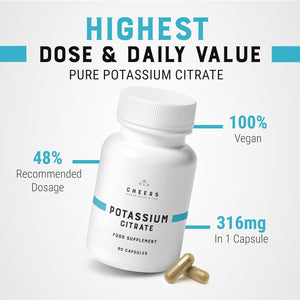 Cheers Potassium Citrate, 48% Daily Value, 316 Mg per Capsule, 90 Capsules, Supports Cardiovascular and Blood Pressure Health, Vegan Potassium Supplement for Adults, Natural Mineral Electrolyte