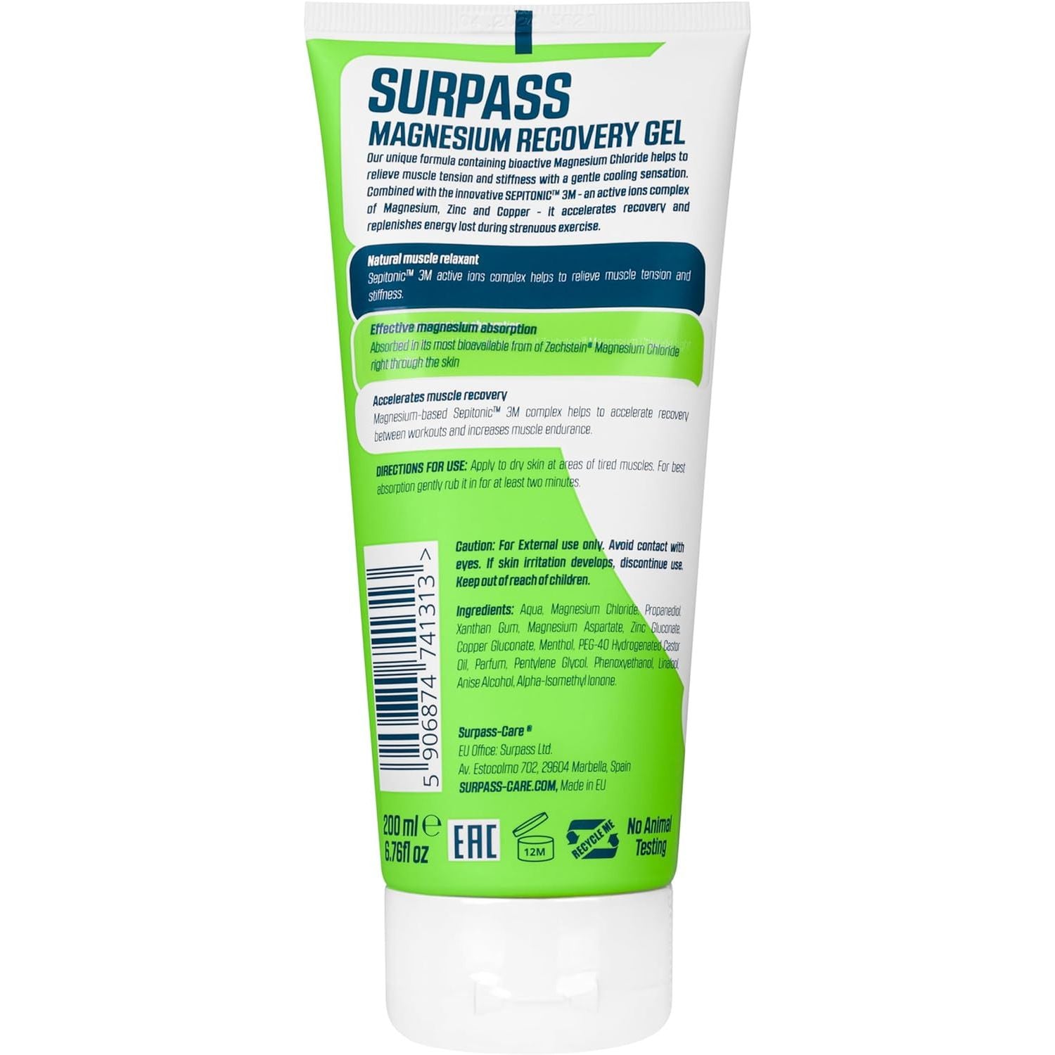 SURPASS Magnesium Recovery Gel 200 Ml - Zechstein Magnesium Boosted by Sepitonic 3M - Restless Legs, Muscle Cramps, Joint Relief & Sleep - Effective Post-Activity Regeneration – Menthol Cooling Effect