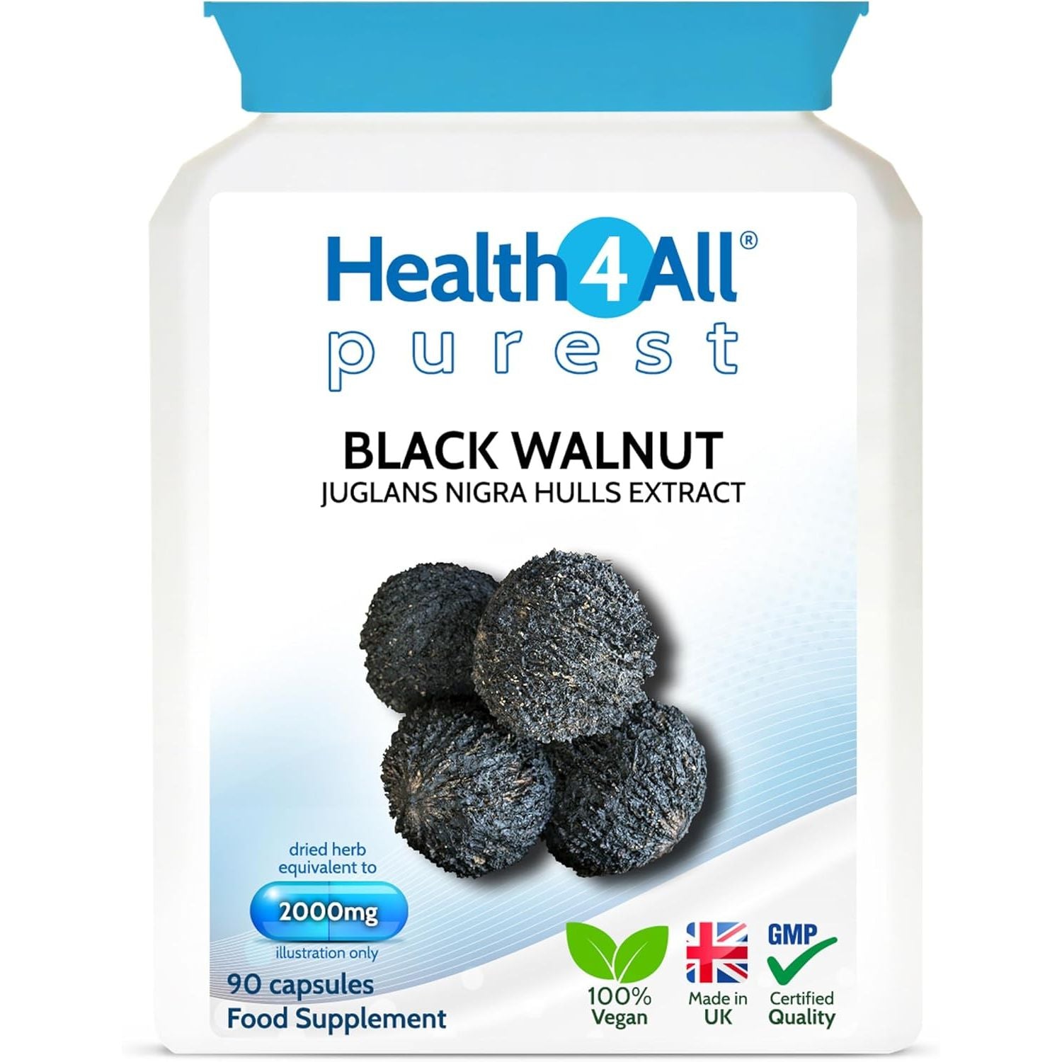 Health4All Black Walnut Hulls 2000Mg 90 Capsules, Strongest Black Walnut Green Hull Capsules for Intestinal Health, Cleanse & Detox, Vegan, Purest: No Additives | Made in UK