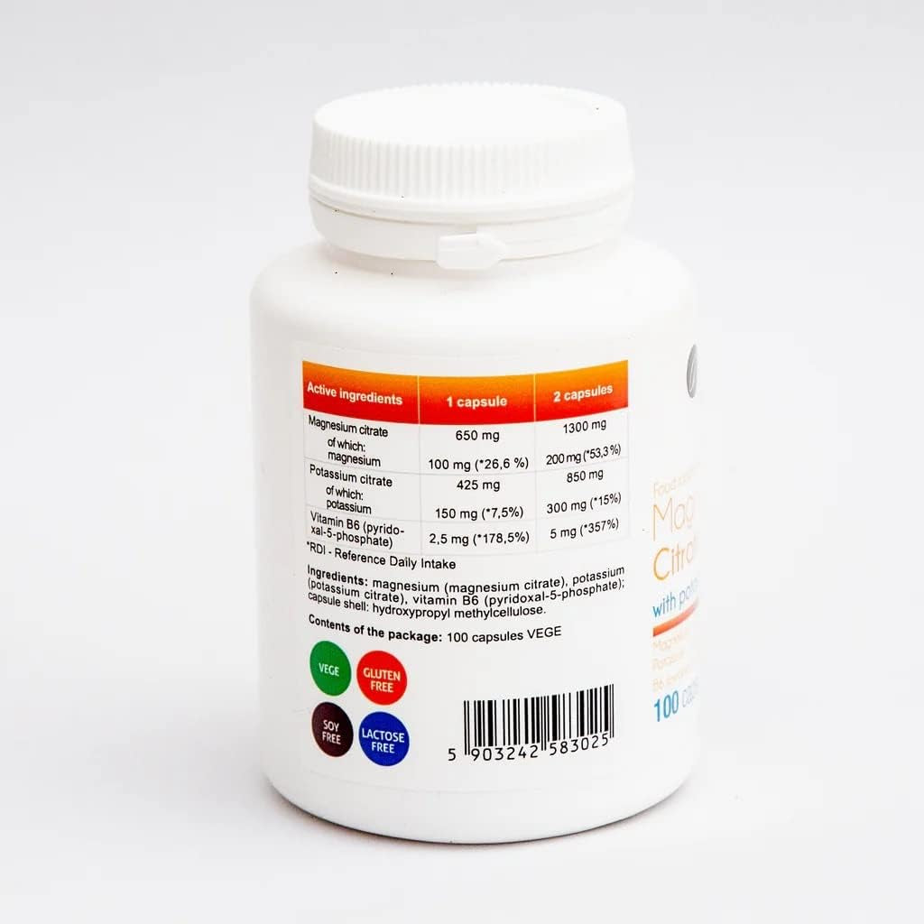Aliness Magnesium Citrate with Potassium and Vitamin B6, 100 Vegan Capsules