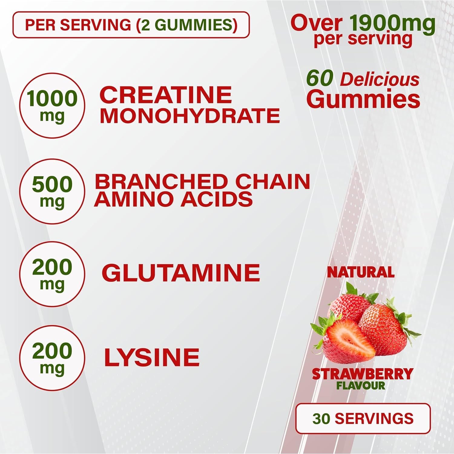 Muscleboost Gummies – Creatine, Bcaas, Glutamine & Lysine – Muscle Growth, Recovery & Endurance Support – Vegan, Sugar-Free, Strawberry Flavour – 60 Chewable Gummies for Adults