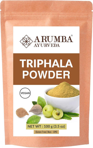 Arumba Ayurveda Triphala Powder 100 Grams for Constipation Relief, Haritaki, Bibhitaki, Amla, Cleanse Vitamin C, Digestion