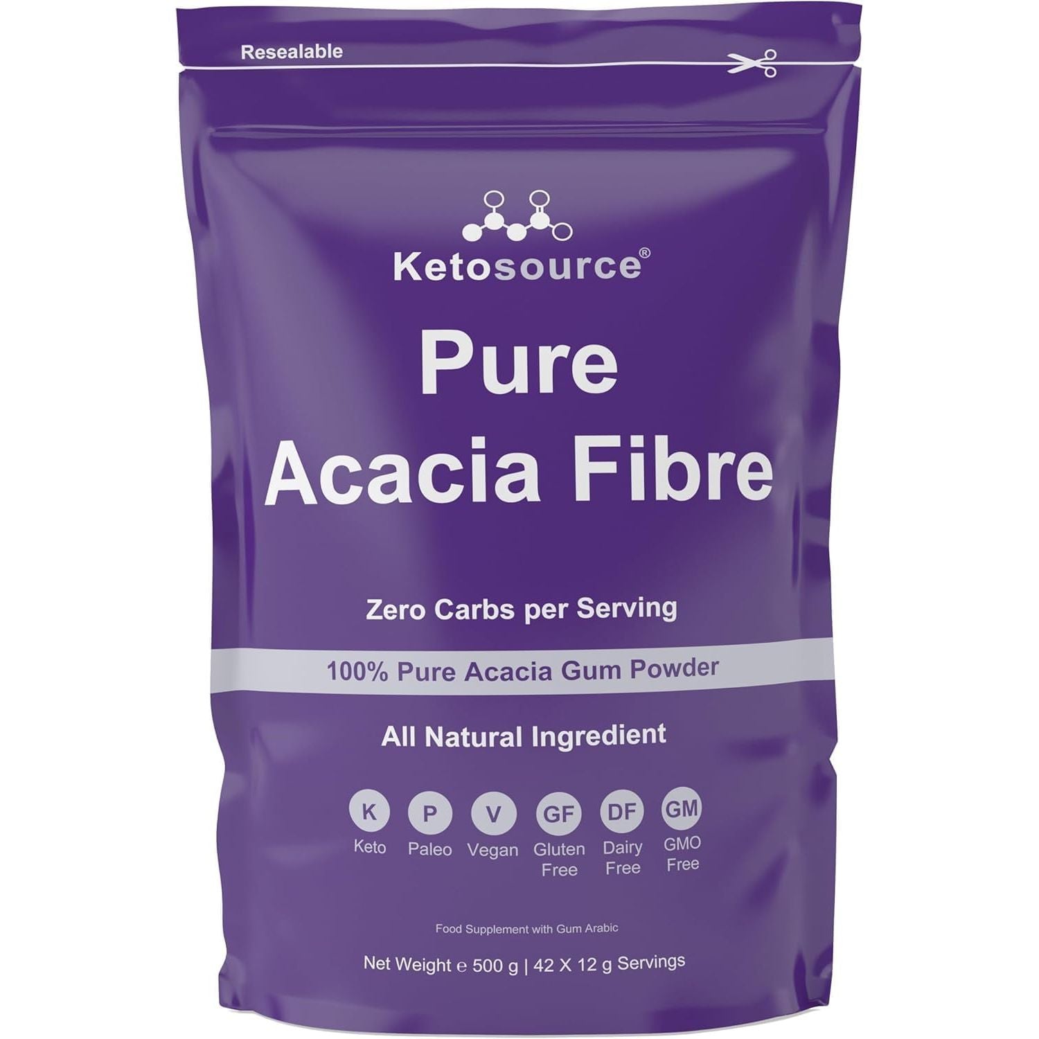 Pure Acacia Fibre | 0G Carbs | Zero Calories | Prebiotic Soluble Fibre Powder Supplement | Supports Fasting & Ketogenic Diet | 500G Pouch | Ketosource®