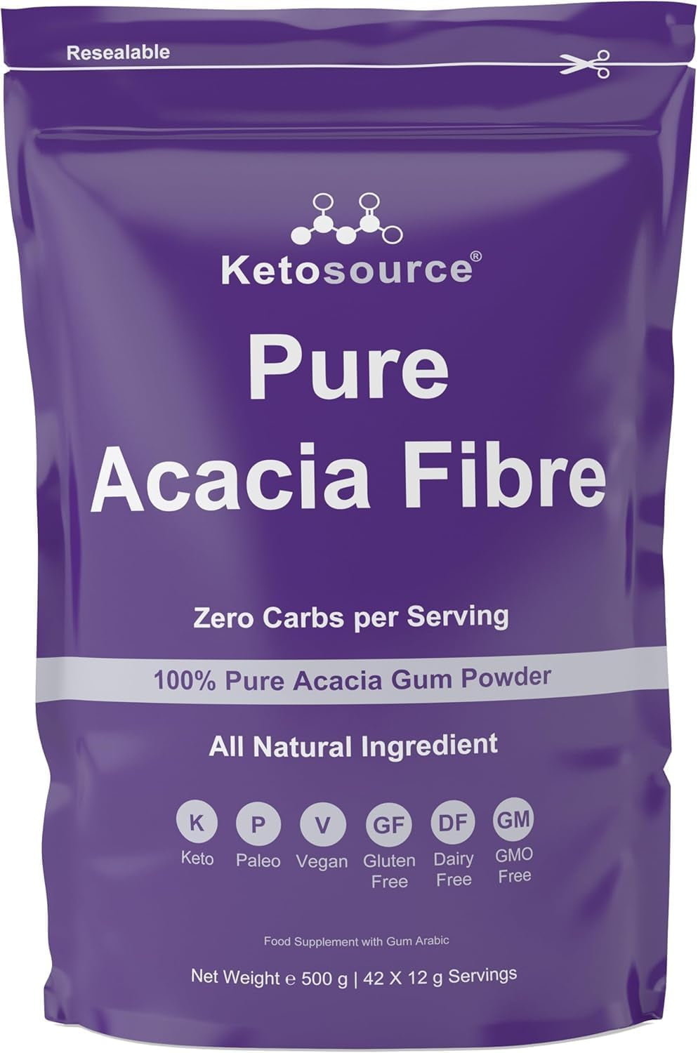 Pure Acacia Fibre | 0G Carbs | Zero Calories | Prebiotic Soluble Fibre Powder Supplement | Supports Fasting & Ketogenic Diet | 500G Pouch | Ketosource®
