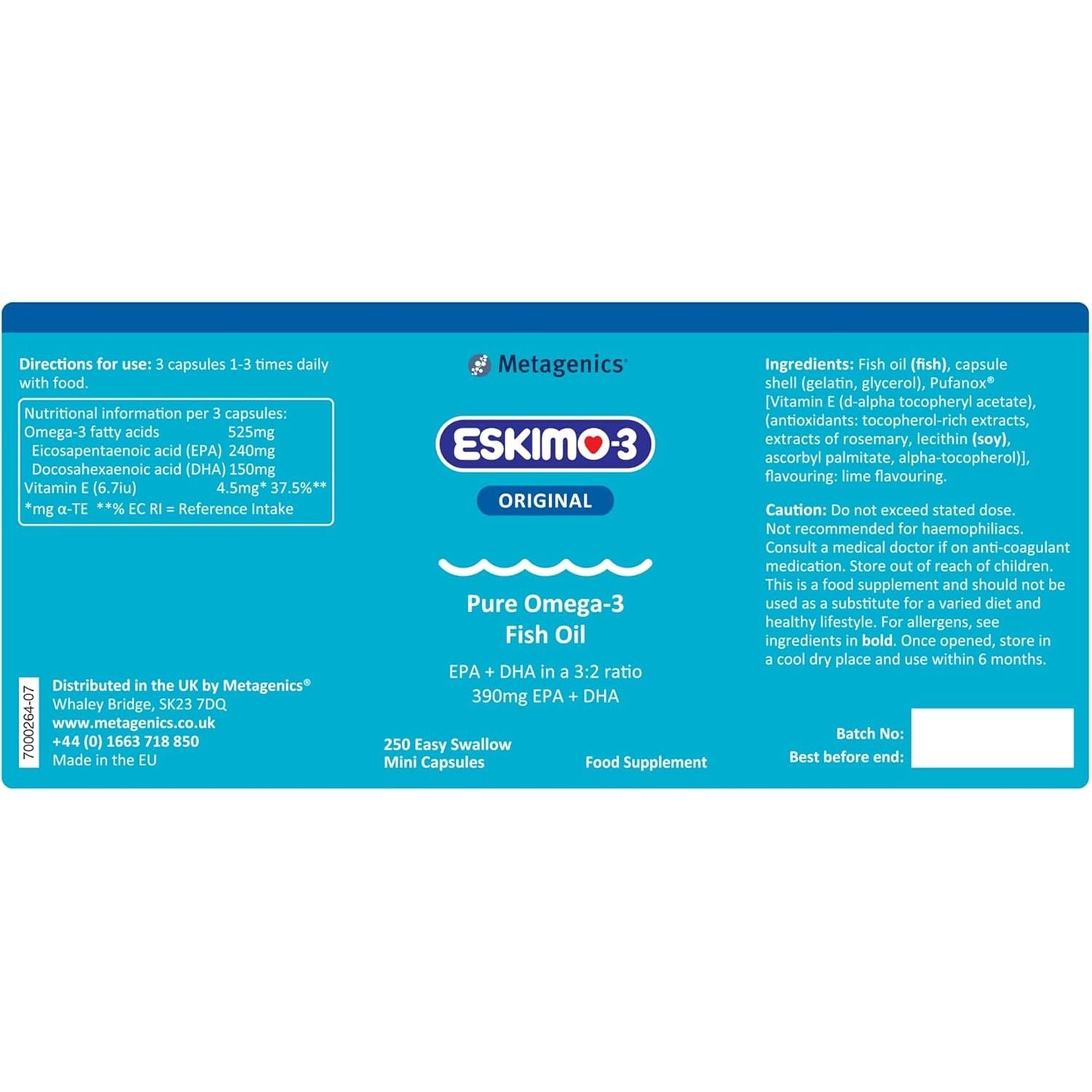Eskimo-3 Fish Oil by Metagenics - Source of Omega-3 and Essential Fatty Acids EPA & DHA - 250 Mini Capsules