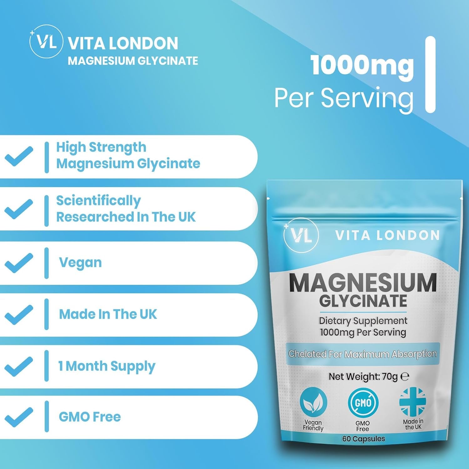 Magnesium Glycinate 1000Mg | 60 Vegan Capsules (Not Tablet, Gummies or Powder) High Strength 180Mg Elemental Magnesium Bisglycinate | UK Made