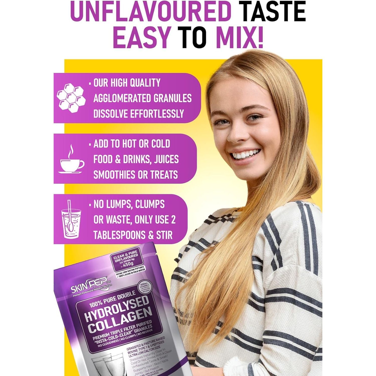 Collagen Powder 450G (+ 400Mg VIT C per 10G) Ultra Premium Double Hydrolysed Bovine Collagen Peptides by Skinpep - Halal Certified - 8 Essential Amino Acids, Collagen Supplements, Made in UK