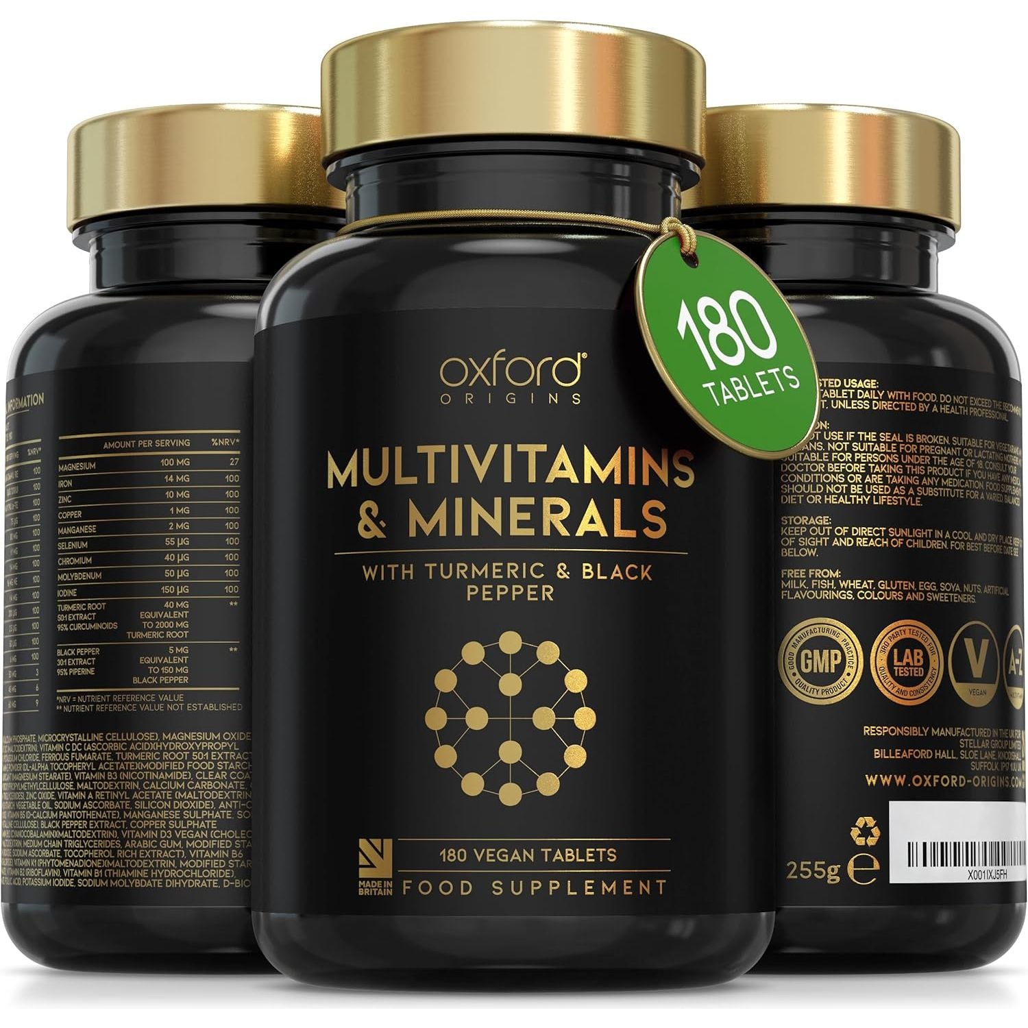 Award Winning A-Z Multivitamins and Minerals Boosted with Turmeric | Made in the UK | Vegan Multivitamin Tablets for Women & Men | 100% NRV Multivitamin with 27 Key Nutrients | 180 Capsules