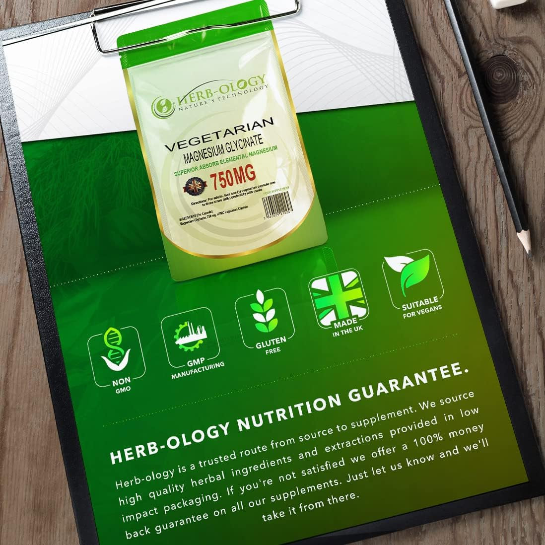 Herb-Ology Magnesium Glycinate Capsules | 120 Vegan Capsules | Magnesium Supplements | 750Mg per Capsule | Highly Bioavailable, Dairy Free & Manufactured in the UK