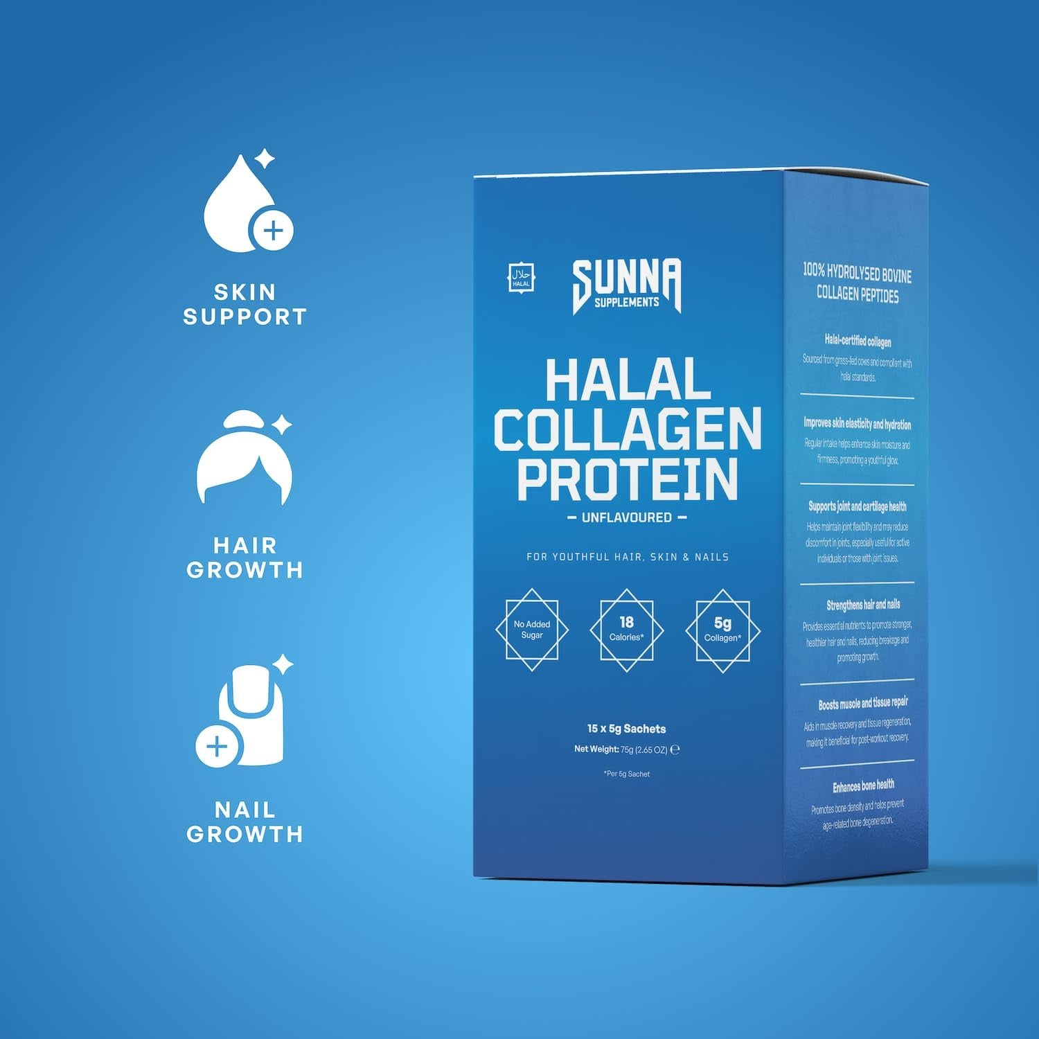 SUNNA SUPPLEMENTS Halal Collagen Protein Sachets 15 X 5G - Hydrolysed Bovine Collagen Peptides Skin, Hair, Nail Vitamins & Joint Support, Gluten-Free, Dairy-Free & Soy-Free Unflavored & Easy to Mix