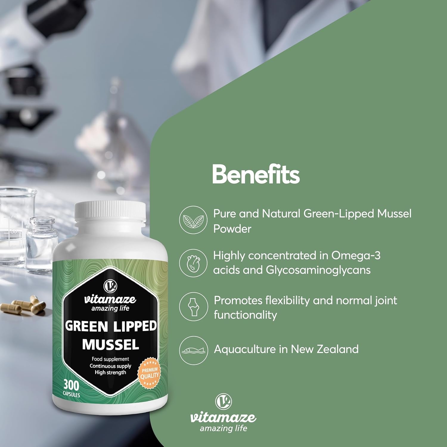 Green Lipped Mussel 1500Mg- Omega 3 & Glycosaminoglycanes- 300 Capsules Pure New Zealand Green Lipped Mussel Powder - Supplement for Cartilage and Joints - German Quality
