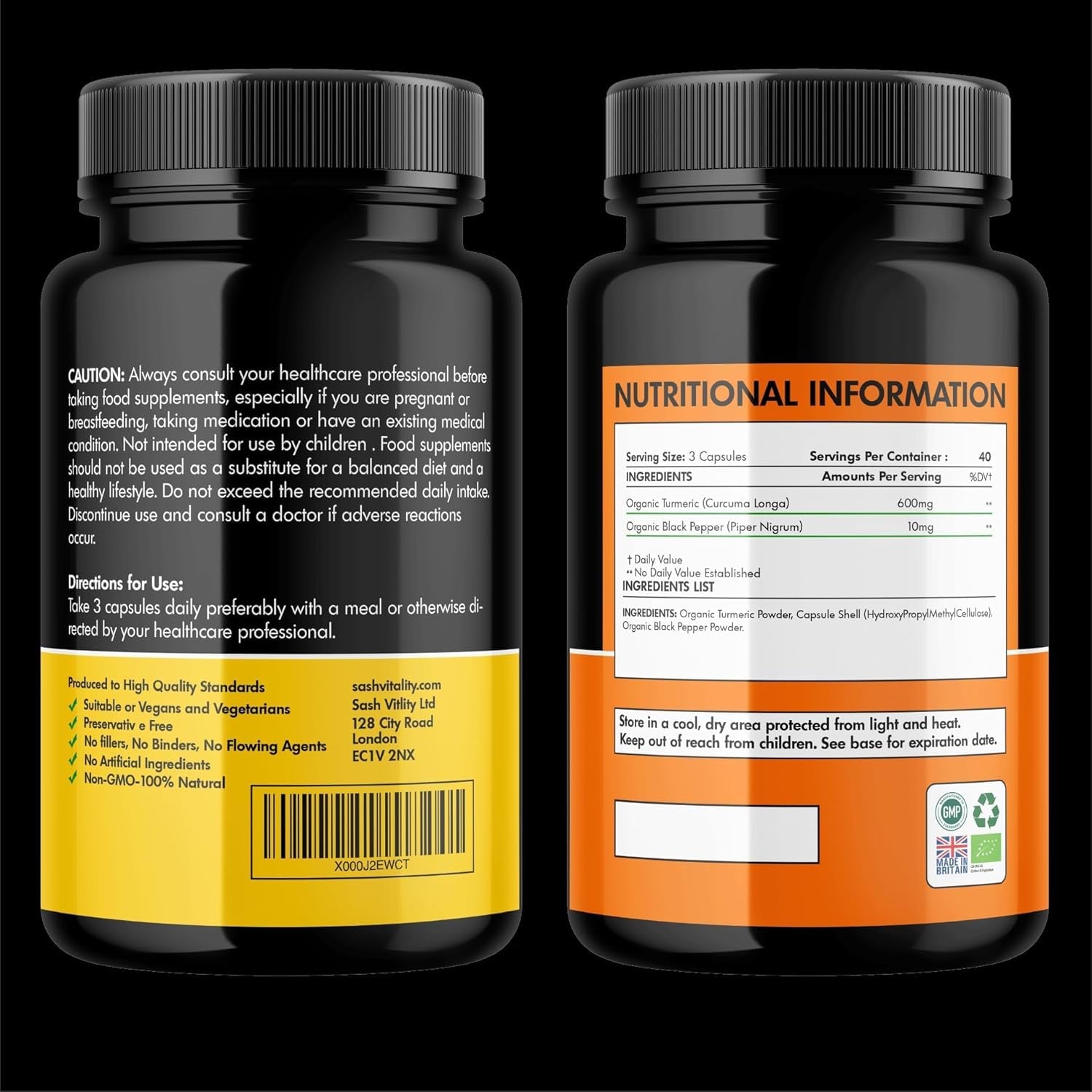 Organic Turmeric Curcumin 600Mg Serving with Organic Black Pepper | 120 Vegan Capsules | High Potency Antioxidant & Absorption | Certified Organic Supplement – UK Made Sash Vitality