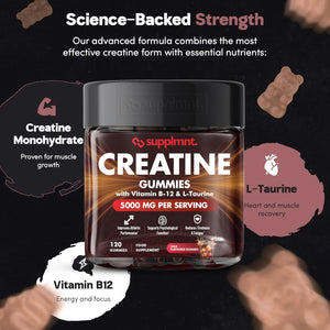 Creatine Gummies 5000Mg 120Ct Max Strength Muscle Growth/Recovery Supplements for Men & Women Creatine Monohydrate, B12 & L-Taurine Vegan Gym Pre Workout Chewable Gummies, 1 Month Supply (Cola)