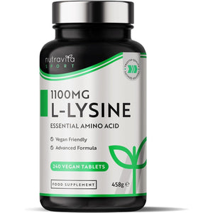 L-Lysine 1100Mg High Strength - 240 Vegan & Gluten Free Tablets (8 Month Supply) - Cold Sore Treatment, Essential Amino Acid Supplement - Normal Growth and Muscle Turnover - Made in the UK - Nutravita