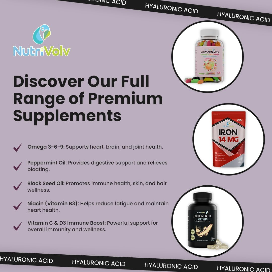 Hyaluronic Acid 100Mg & Vitamin C | 60 Tablets | Vegan | for Men & Women | Healthy Skin Bones anti Ageing | by Nutrivolv