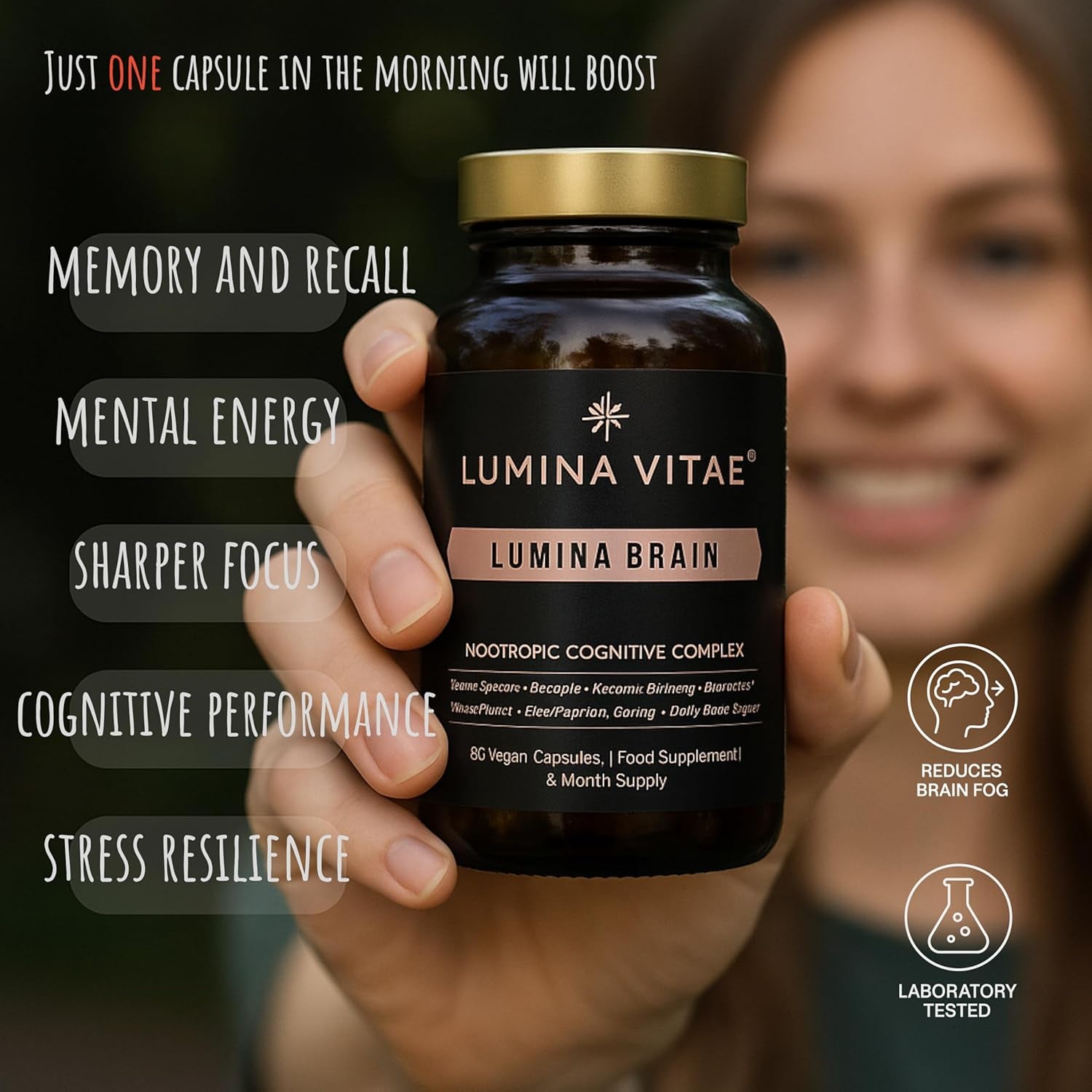 Lumina Brain Nootropic Cognitive Complex – 60 Vegan Capsules for Focus & Memory Support with Bacopa, DMAE, L‑Tyrosine, Acetyl‑Carnitine & Citicoline