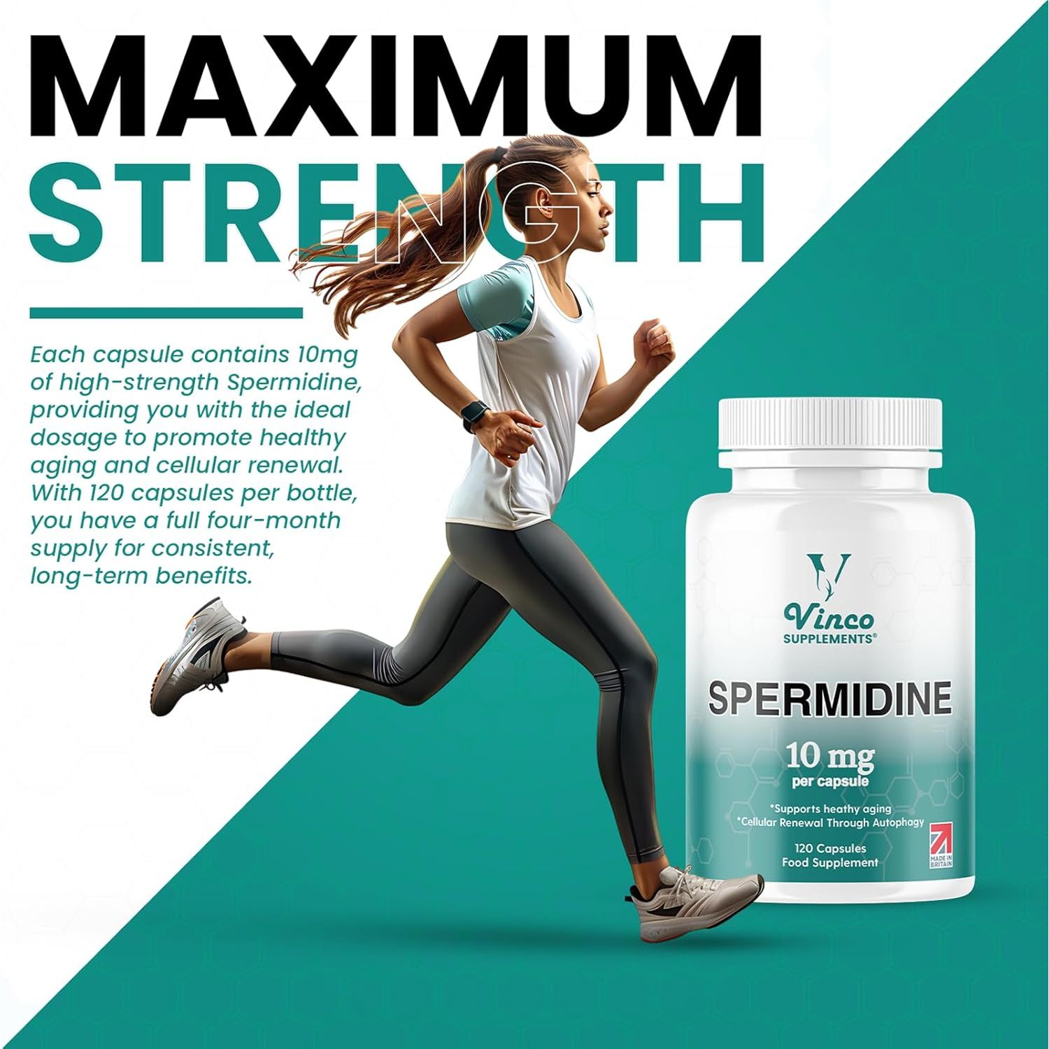 Vinco Spermidine Supplement - 10Mg X 120 High Strength Spermidine Capsules - 99% Purity - Supports Healthy Ageing & Longevity - Non GMO & Gluten Free - Made in the UK