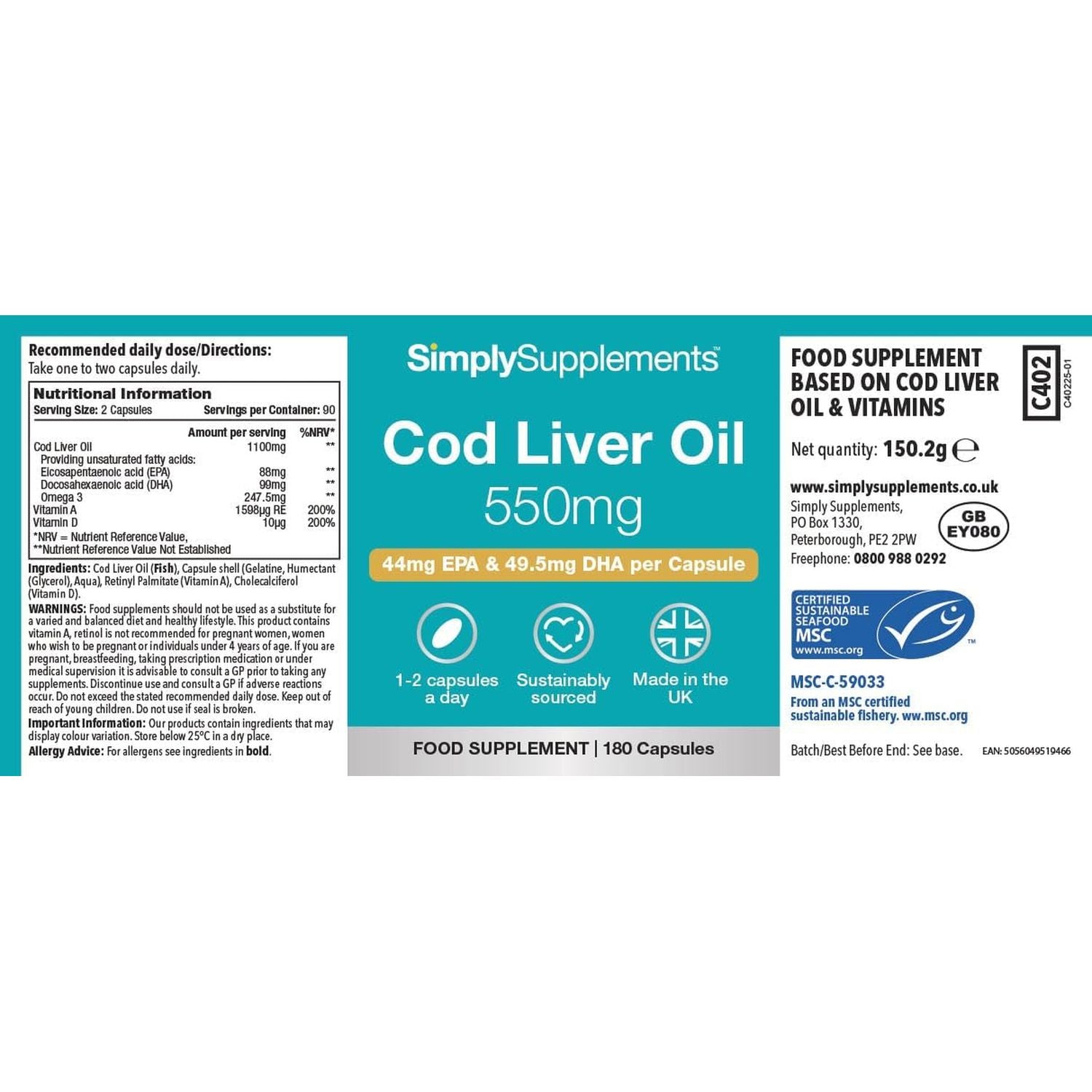 Pure Cod Liver Oil 550Mg | Rich in Essential Fatty Acid with EPA, DHA & Omega 3 | with Added Vitamin a & D | 360 Soft-Gel Capsules = up to 1 Year Supply | UK Made