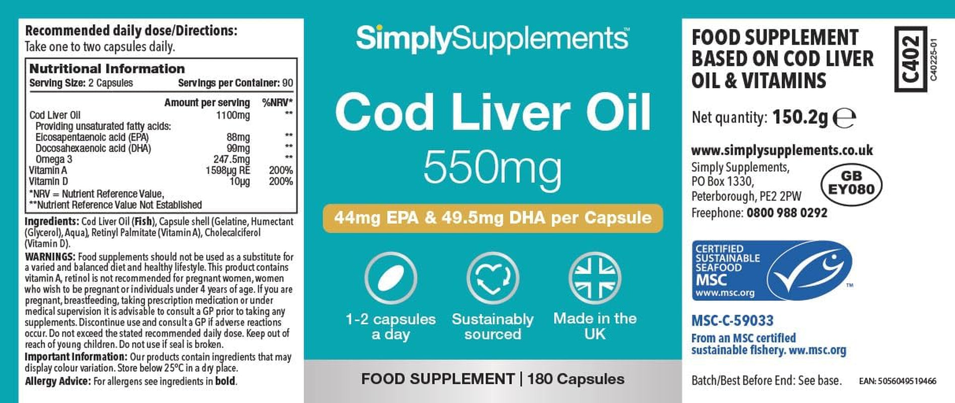 Pure Cod Liver Oil 550Mg | Rich in Essential Fatty Acid with EPA, DHA & Omega 3 | with Added Vitamin a & D | 360 Soft-Gel Capsules = up to 1 Year Supply | UK Made