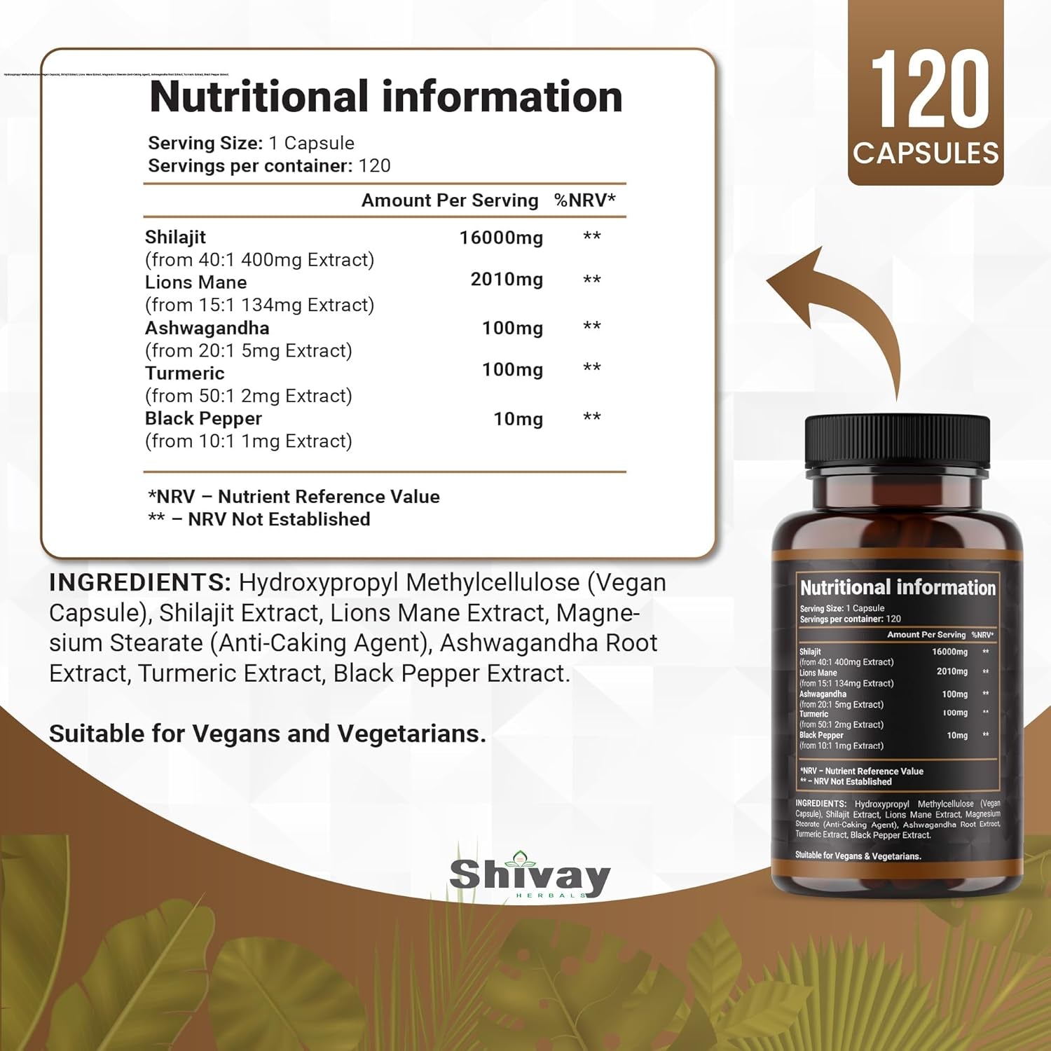 Shilajit 16000Mg Complex 5 in 1 with Ashwagandha + Lions Mane | 120 Vegan Capsules - 4 Month Supply | High Strength Pure Himalayan Shilajit | Rich in Fulvic Acid | Made in UK by Shivay Herbals