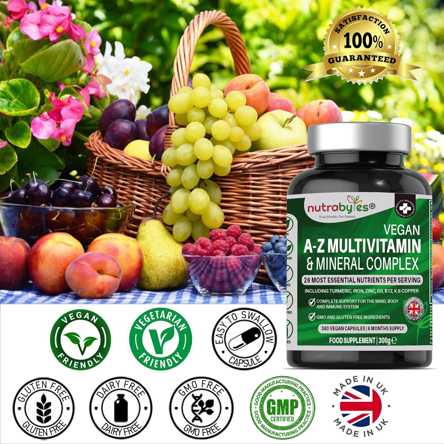 Nutrabytes Vegan A-Z Multivitamin & Mineral Complex Supplement, 360 Capsules | 26 Essential Vitamins & Minerals for Energy, Immune System, Hair, Skin, Bone, Muscle, Brain & Gut Support | for 6 Months