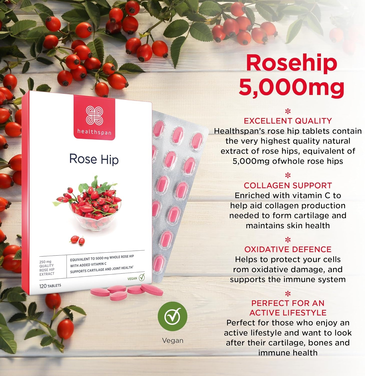 Healthspan Rose Hip 5,000Mg (120 Tablets) | Supports Joints & Immune Health | Helps Maintain Healthy & Flexible Joints | Added Vitamin C | High in Flavonoids & Polyphenols | Vegan