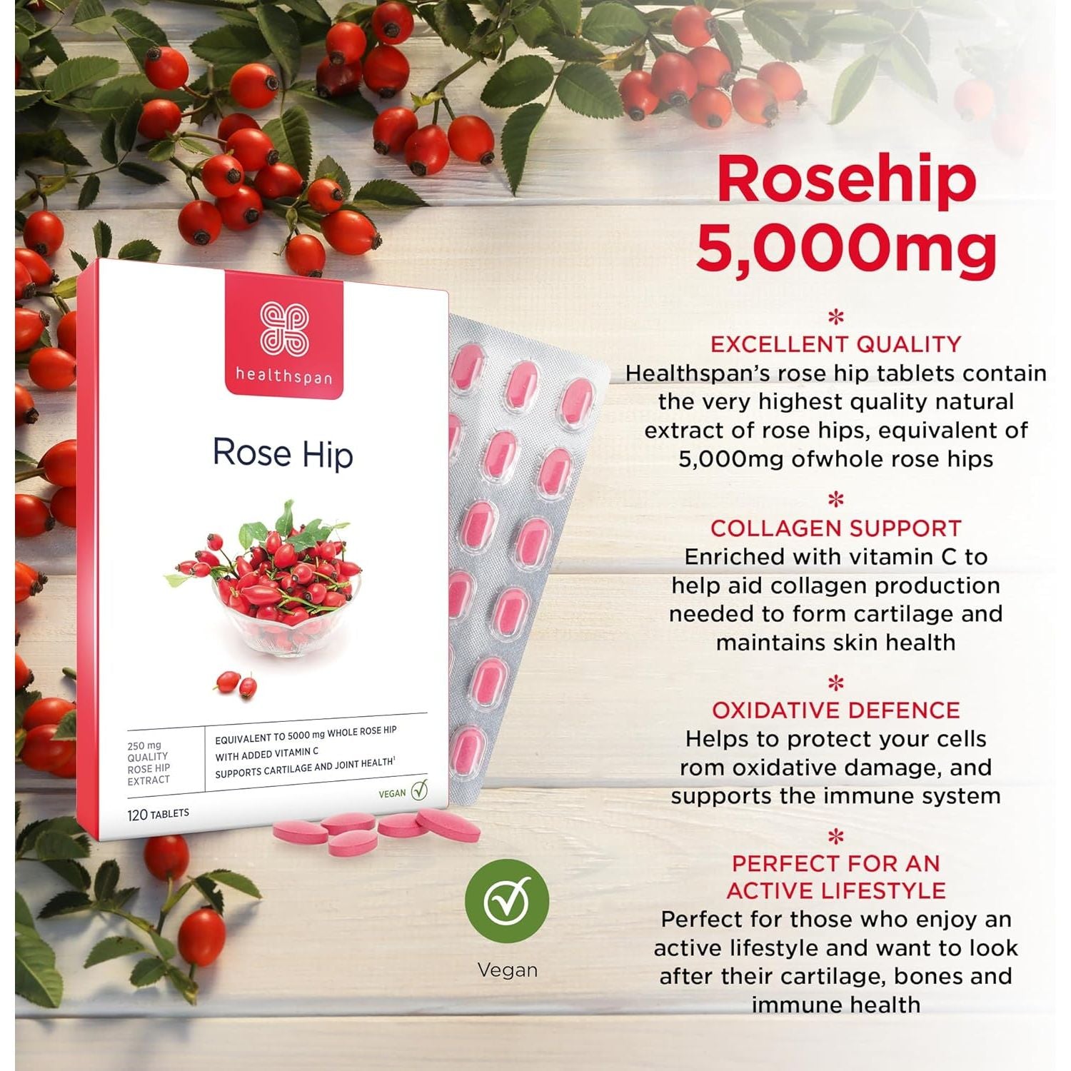 Healthspan Rose Hip 5,000Mg (120 Tablets) | Supports Joints & Immune Health | Helps Maintain Healthy & Flexible Joints | Added Vitamin C | High in Flavonoids & Polyphenols | Vegan