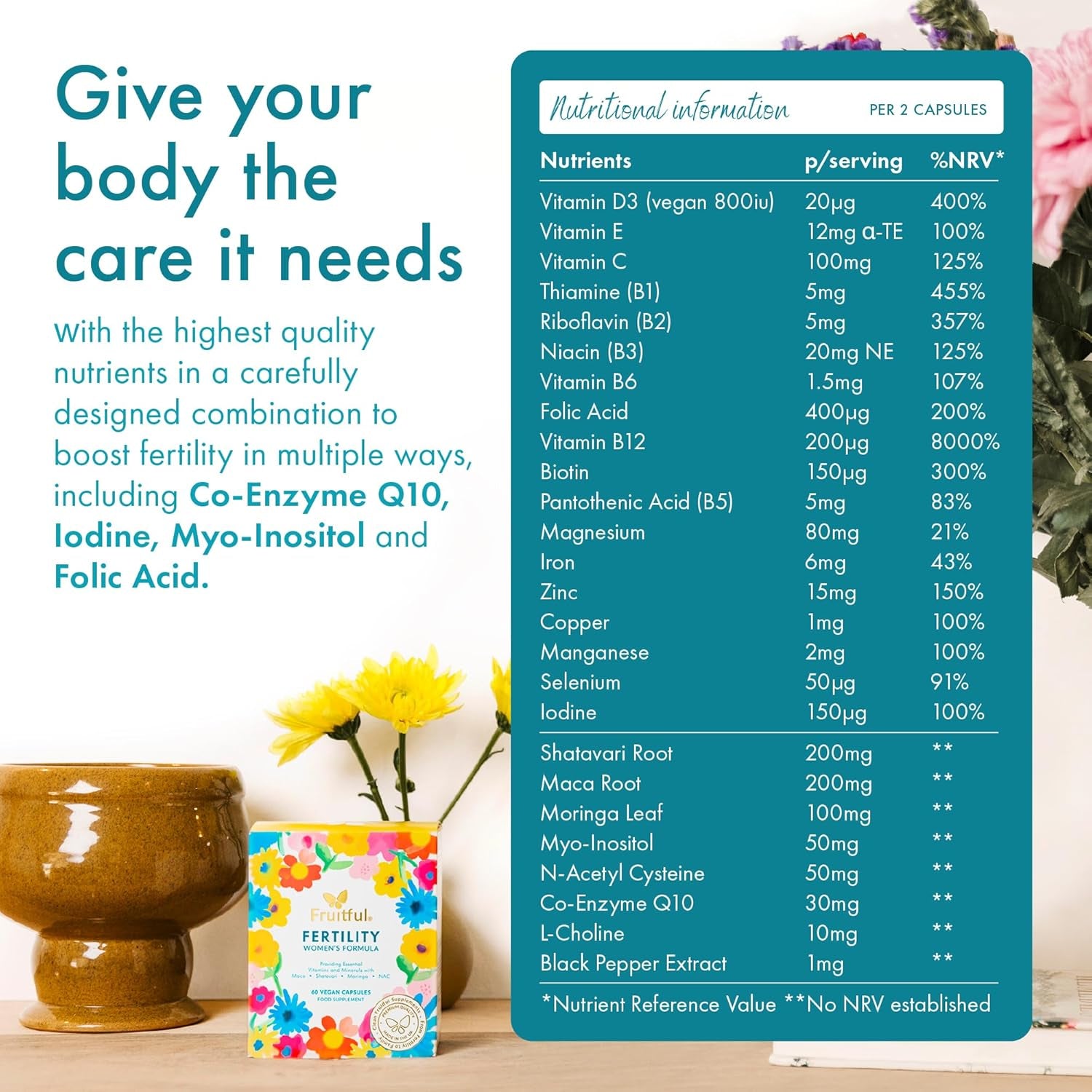 Fruitful Fertility Supplements for Women – Prenatal & Pregnancy Vitamins with Folic Acid Vitamin D & Coenzyme Q10 – Supports Natural Conception & Reproductive Health – 60 Capsules