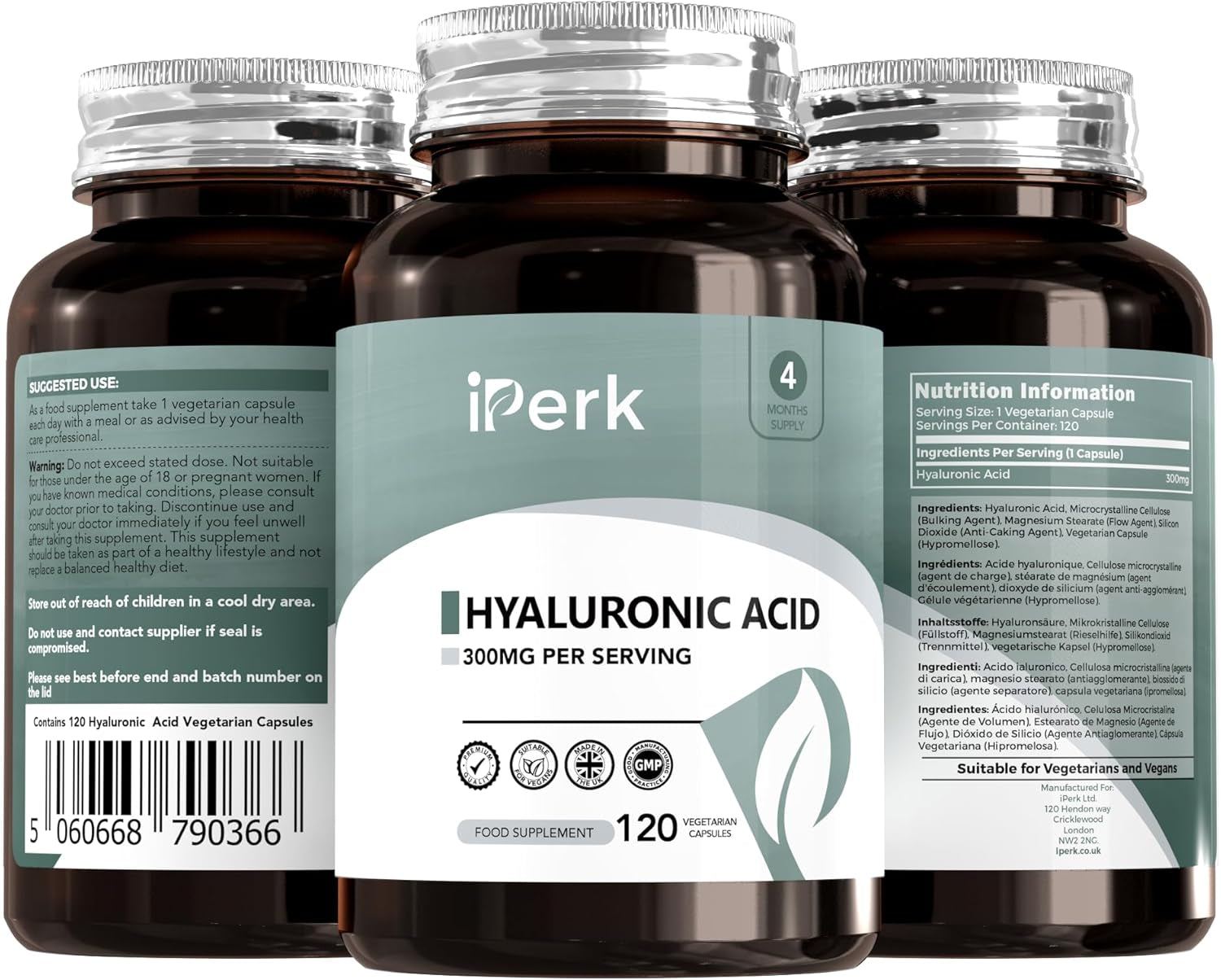 Iperk Hyaluronic Acid 300Mg | 120 Capsules 4 Months Supply | Hyaluronic Acid Supplement