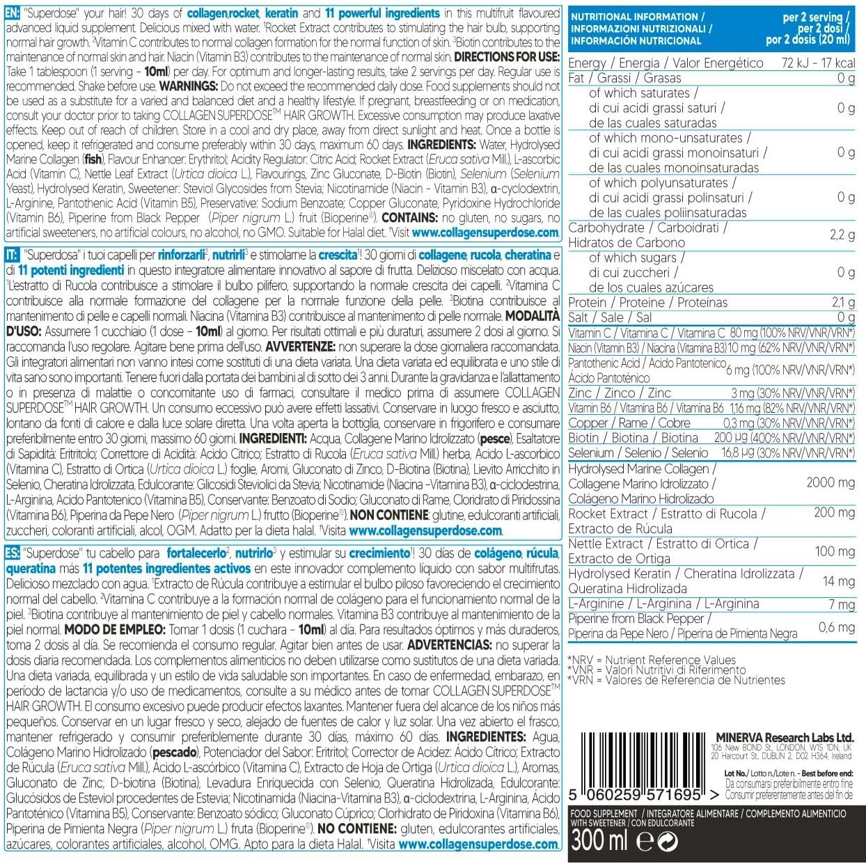 COLLAGEN SUPERDOSE by GOLD COLLAGEN Hair Growth - Biotin Hair Growth Marine Collagen Supplements for Women & Men with Vitamin C, Hyaluronic Acid and Natural Keratin Hair Treatment, Skin, Nails, 300 Ml