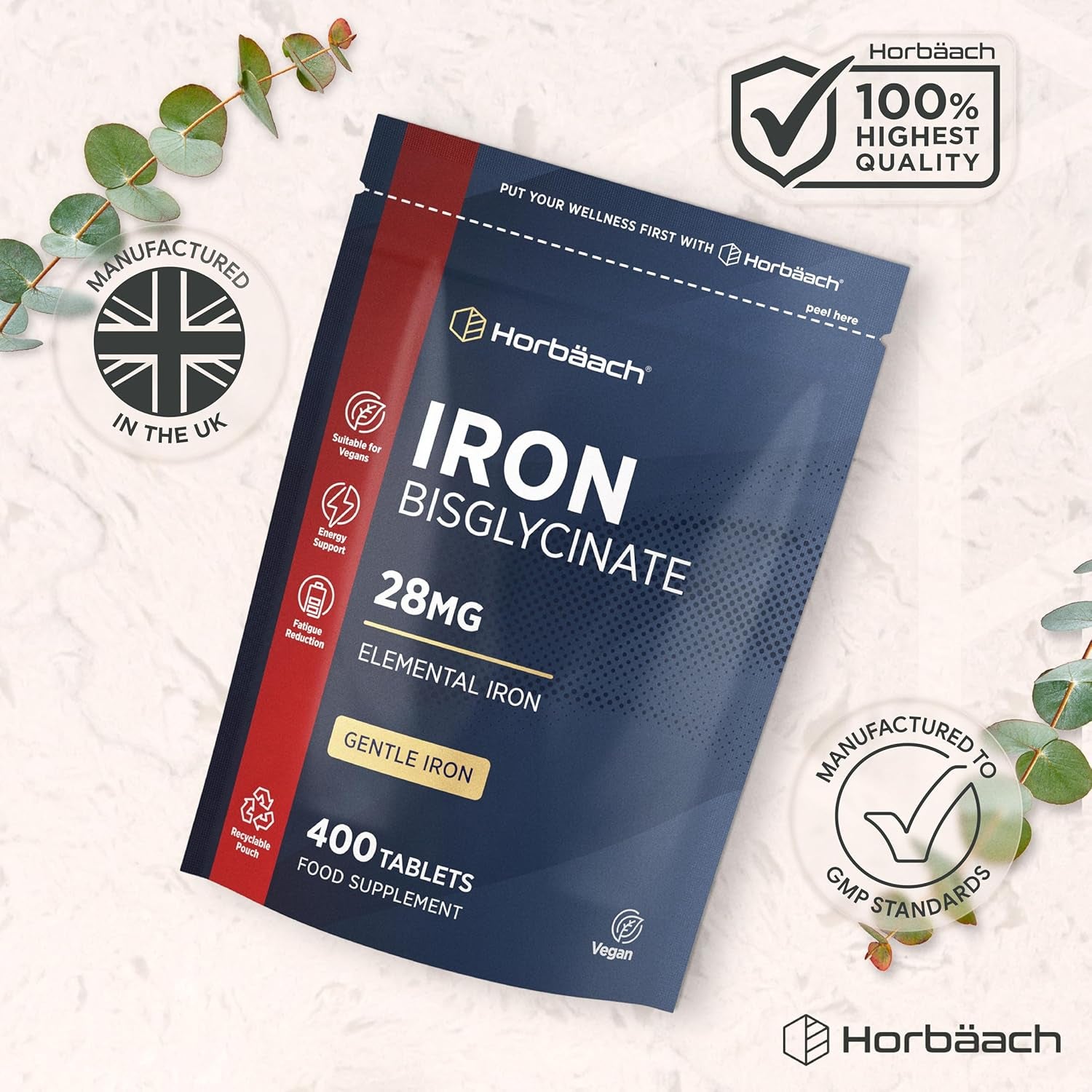 Iron 28Mg | 400 Tablets, 6+ Months Supply | High Strength Ferrous Bisglycinate Form | Supplement for Men & Women | by Horbaach