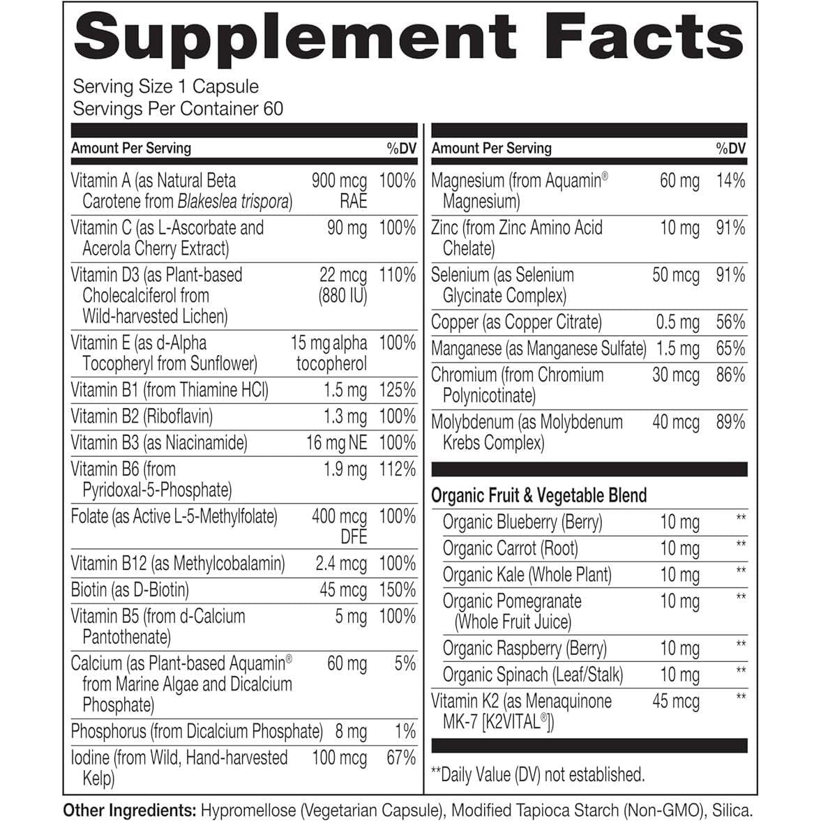 NATURELO One Daily Multivitamin for Women (50+) - with Natural Food-Based Vitamins, Minerals, Fruit & Veg Extracts - Iron-Free Menopause Supplement - 60 Vegan Capsules | 2 Month Supply