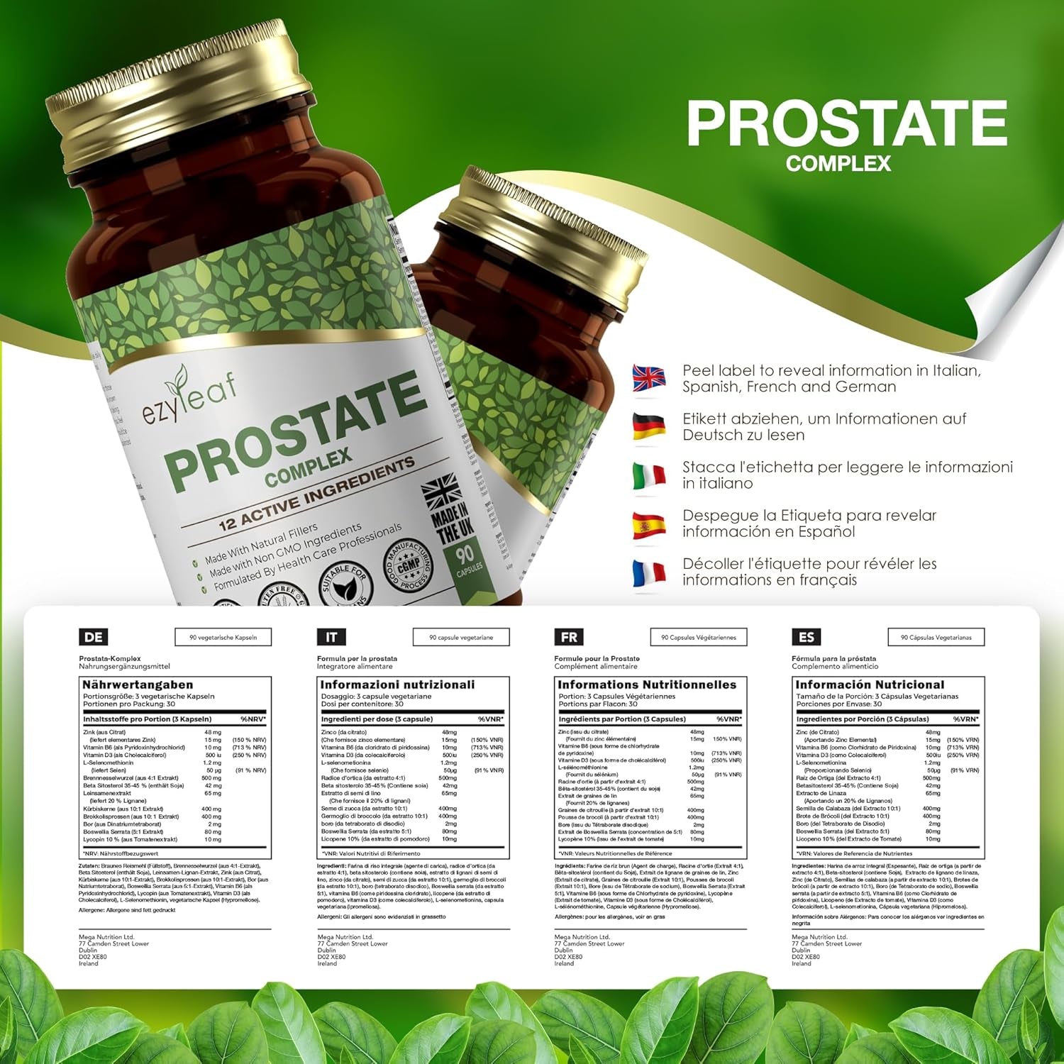 Ezyleaf Prostate Complex | High Strength Supplements for Men UK | 90 Stinging Nettle Capsules with Beta Sitosterol, Zinc, Pumpkin Seed, Boron, Boswellia Serrata & More