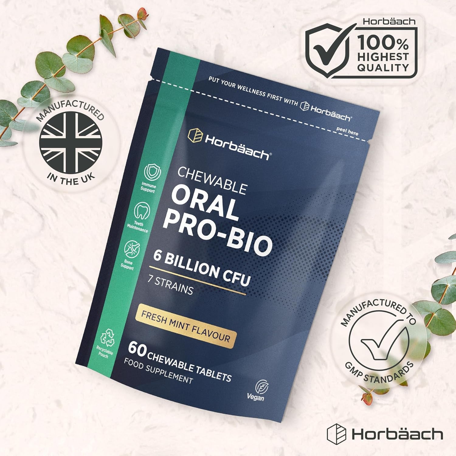 Oral Probio for Mouth 6 Billion CFU | Advanced Dental Biotics for Adults | 7 Strains Including Lactobacillus Reuteri | 60 Vegan Chewable Tablets | Mint Flavour | by Horbaach