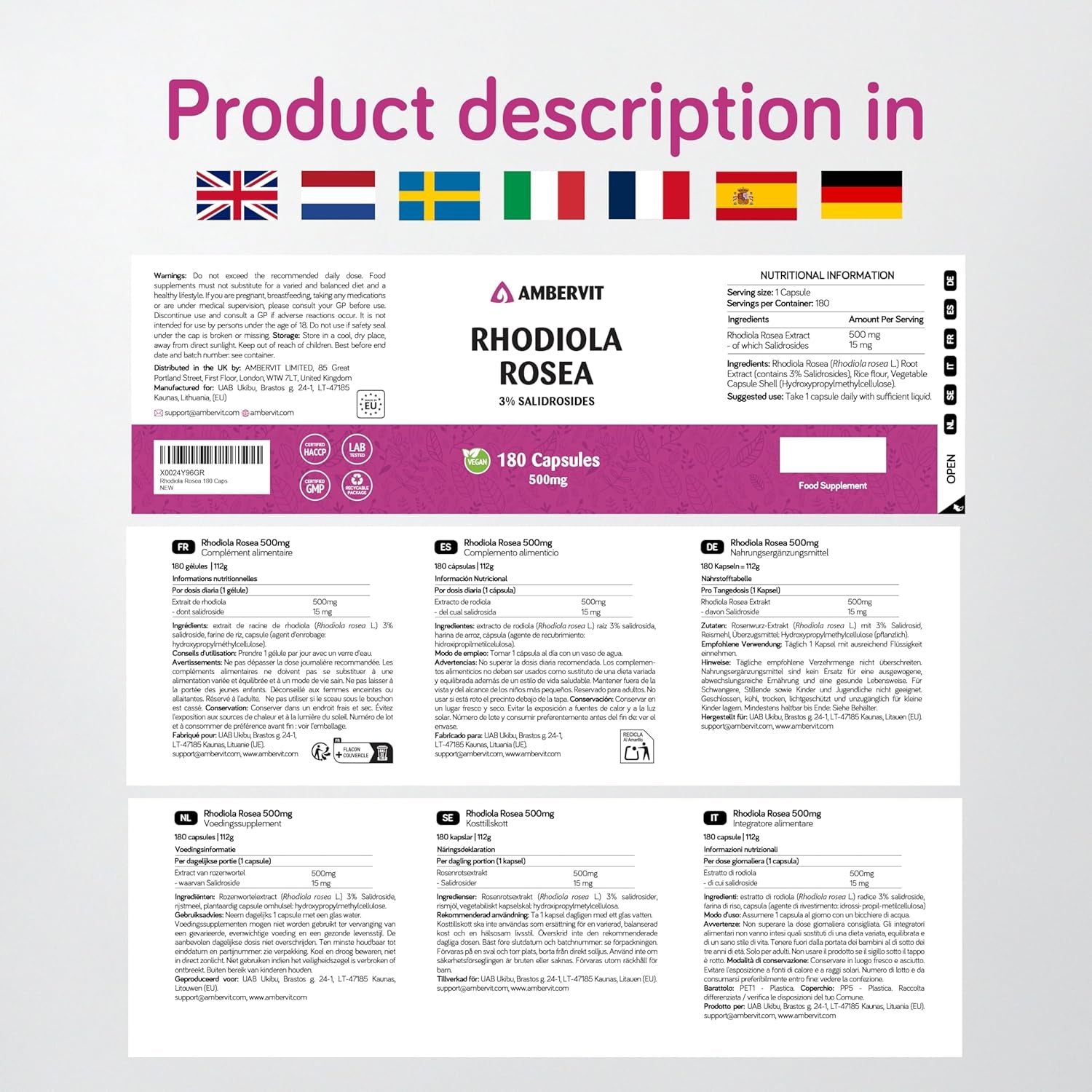 Rhodiola Rosea Capsules 500Mg - 180 Caps. - 3% Salidrosides - Premium Root Extract - High Strength - 6 Months Supply | Ambervit