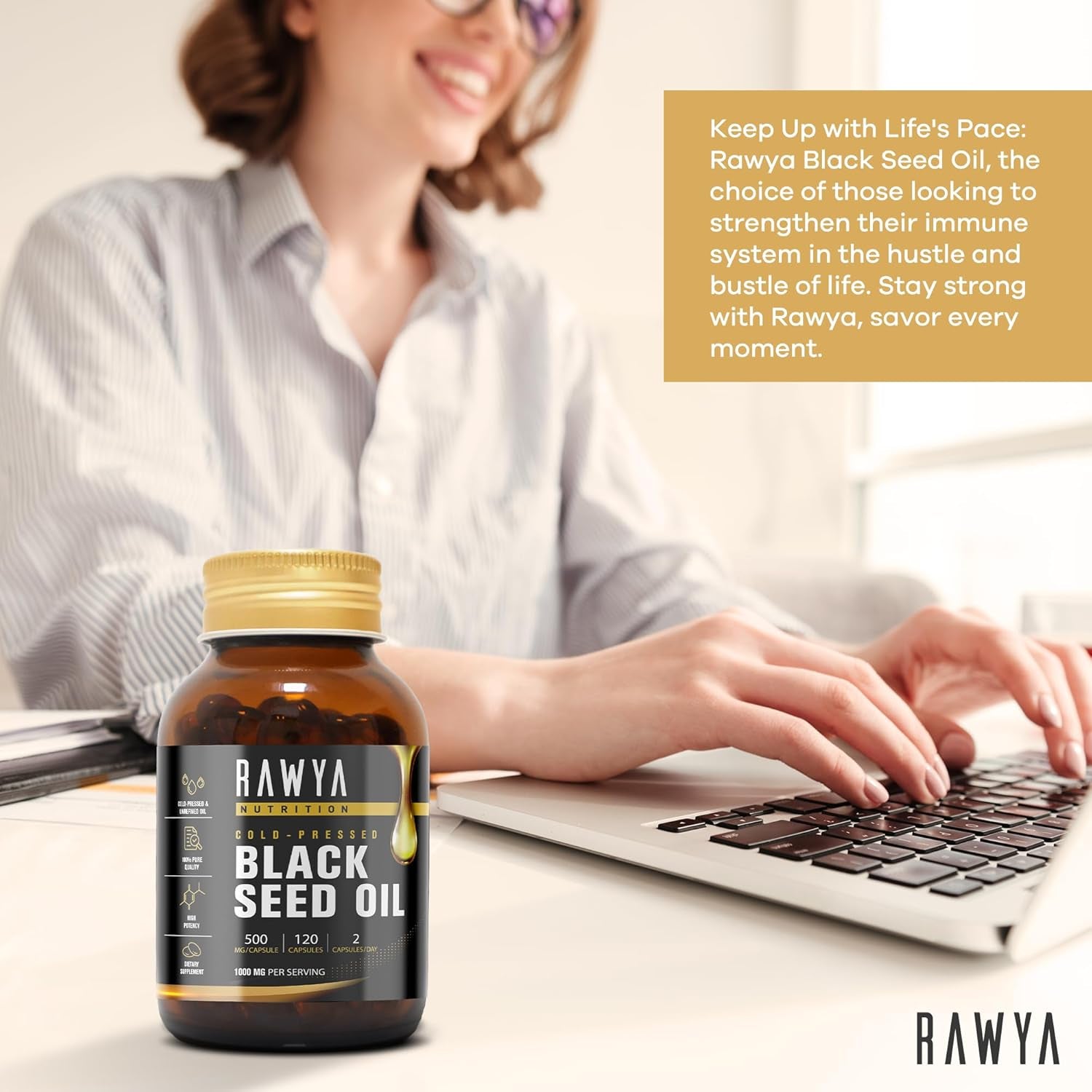 Rawya Black Seed Oil - 120 Softgel Capsules, Cold-Pressed Nigella Sativa, Pure Black Cumin Seed Oil, Rich in Omega Fatty Acids, Cumin Seeds for Radiant Skin & Hair Nourishment - 500Mg Each