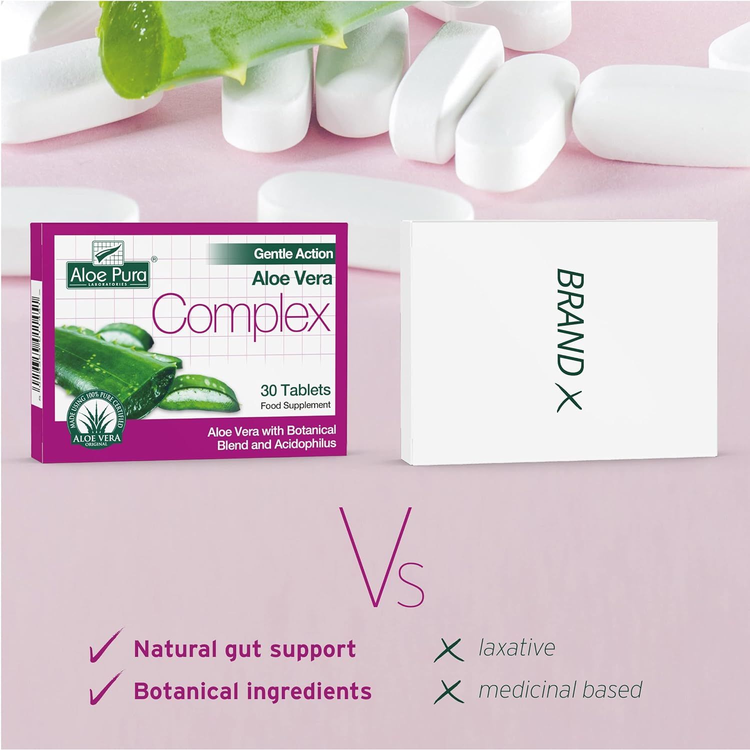 Aloe Pura Aloe Vera Gentle Action Complex Tablets , Natural , Vegetarian , Cruelty Free , Food Supplement, Botanical Blend , 30 Tablets