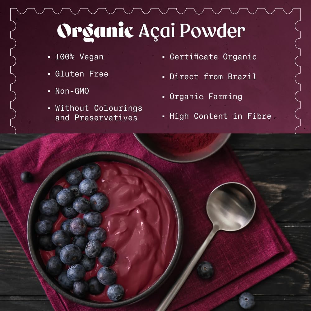 Naturalebio Organic Acai Berries Powder - Freeze-Dried - 100G. Brazilian Acai, Lyophilised, Raw. Extract from Açai Berry Pulp. Vegan & Vegetarian Friendly