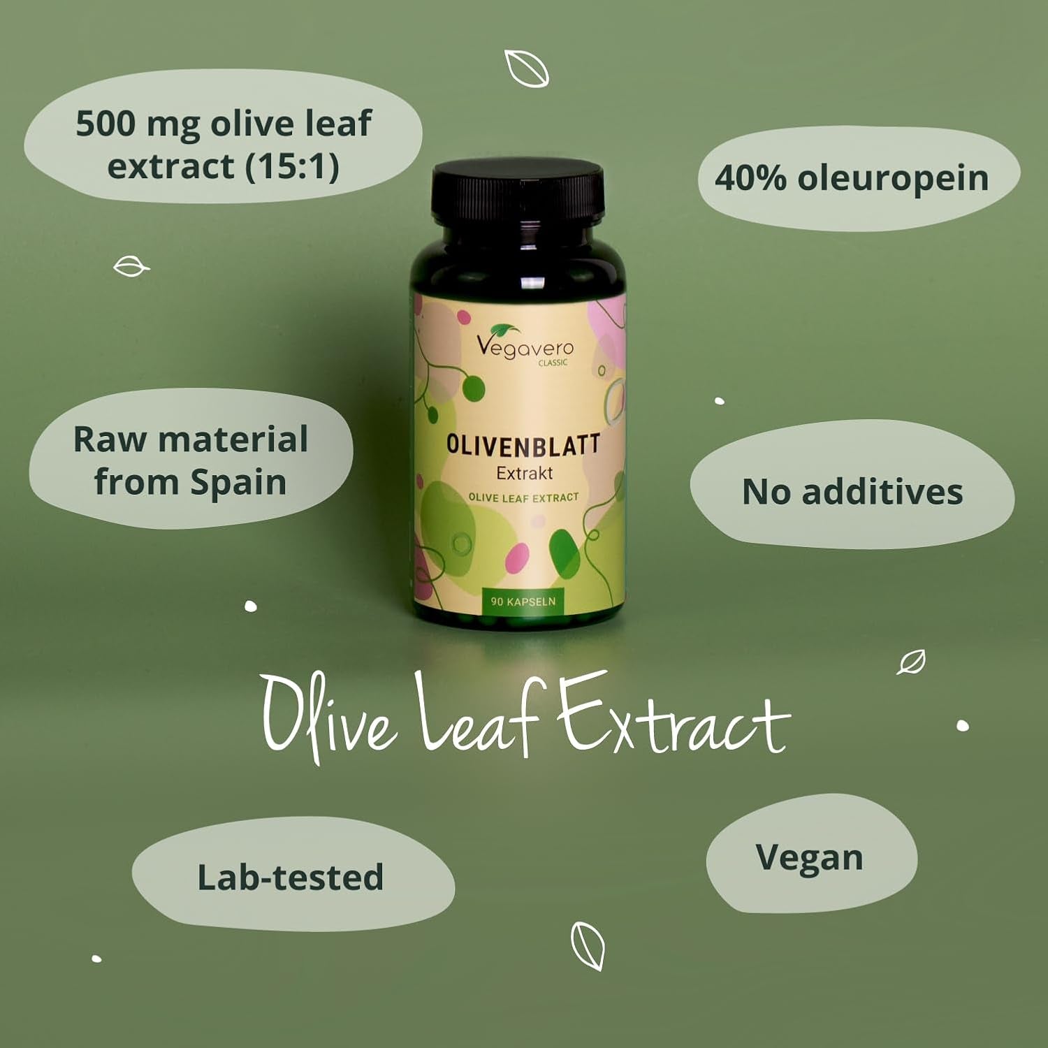 Vegavero Olive Leaf 7500 Mg | Highest Strength 40% Oleuropein | 15:1 Extract from Spanish Olive Leaves | NO Additives, Lab-Tested | 90 Capsules | Vegan