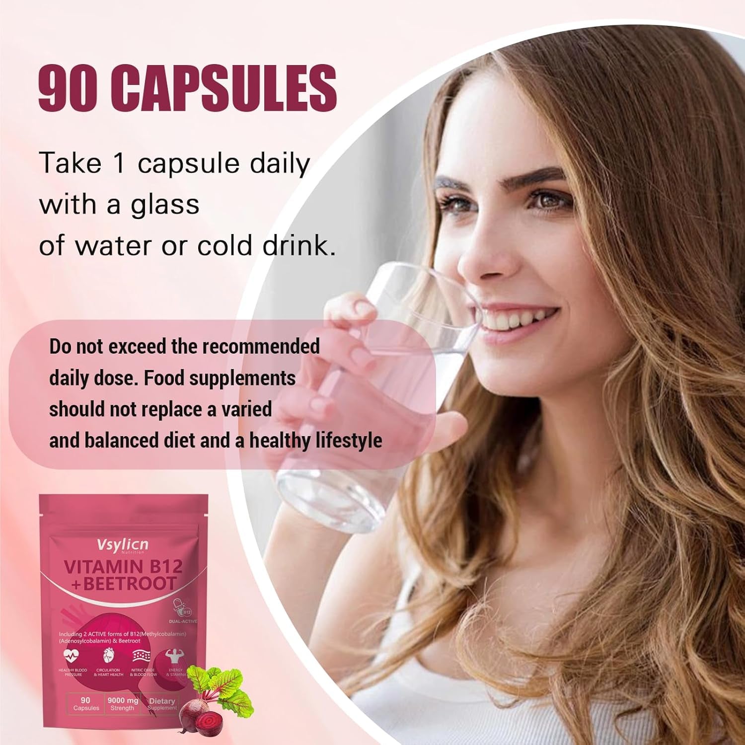 9000Mg Beetroot Extract & 1000Mcg Vitamin B12 Complex - Methylcobalamin & Adenosylcobalamin - Energy & Immune Support - Supports Blood Pressure, Vegan, Nitric Oxide Supplement - 90 Capsules