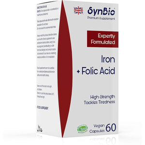 Synbio Premium - Iron + Folic Capsules | VEGAN Certified | Tackles Tiredness & Supports General Health | Halal | Kosher | Gelatin Free | Sugar Free | Salt Free | SOYA Free | Made in the UK
