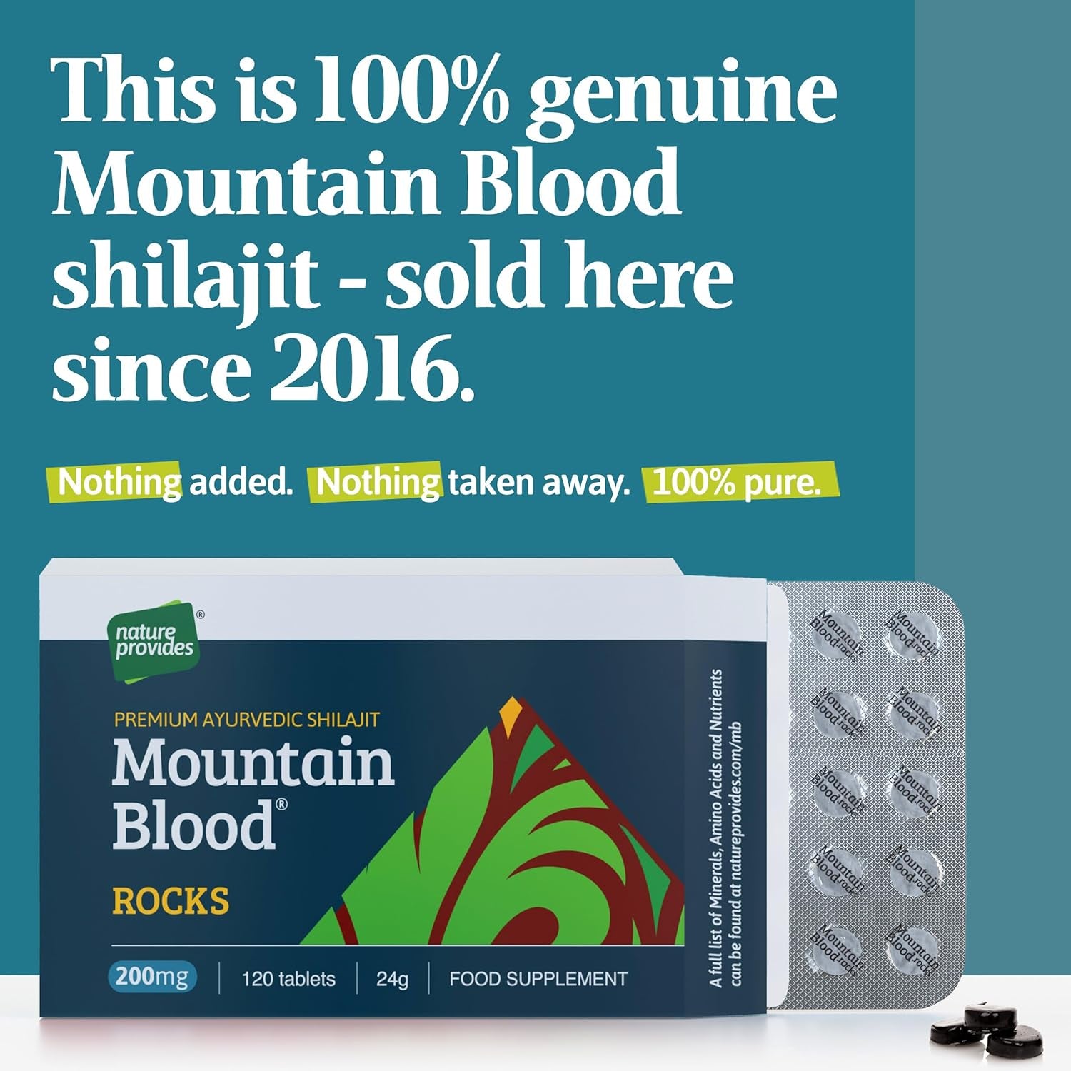 Mountain Blood Rocks! 120 Shilajit Tablets Pills (24G) 4 Months Supply - Authentic, Vegan, Ethically Sourced, Mineral-Rich, UK Lab-Tested, Boosts Energy & Stamina, Made in UK by Nature Provides