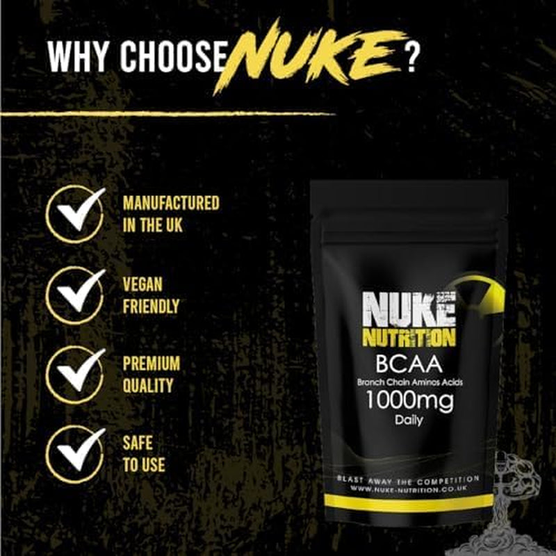 Nuke Nutrition BCAA Capsules | 180 Capsules 1000Mg | Advanced Essential Amino Acids Supplement to Build Lean Muscle | Boost Recovery, Muscle Building & Growth | Leucine, Isoleucine & Valine | Vegan