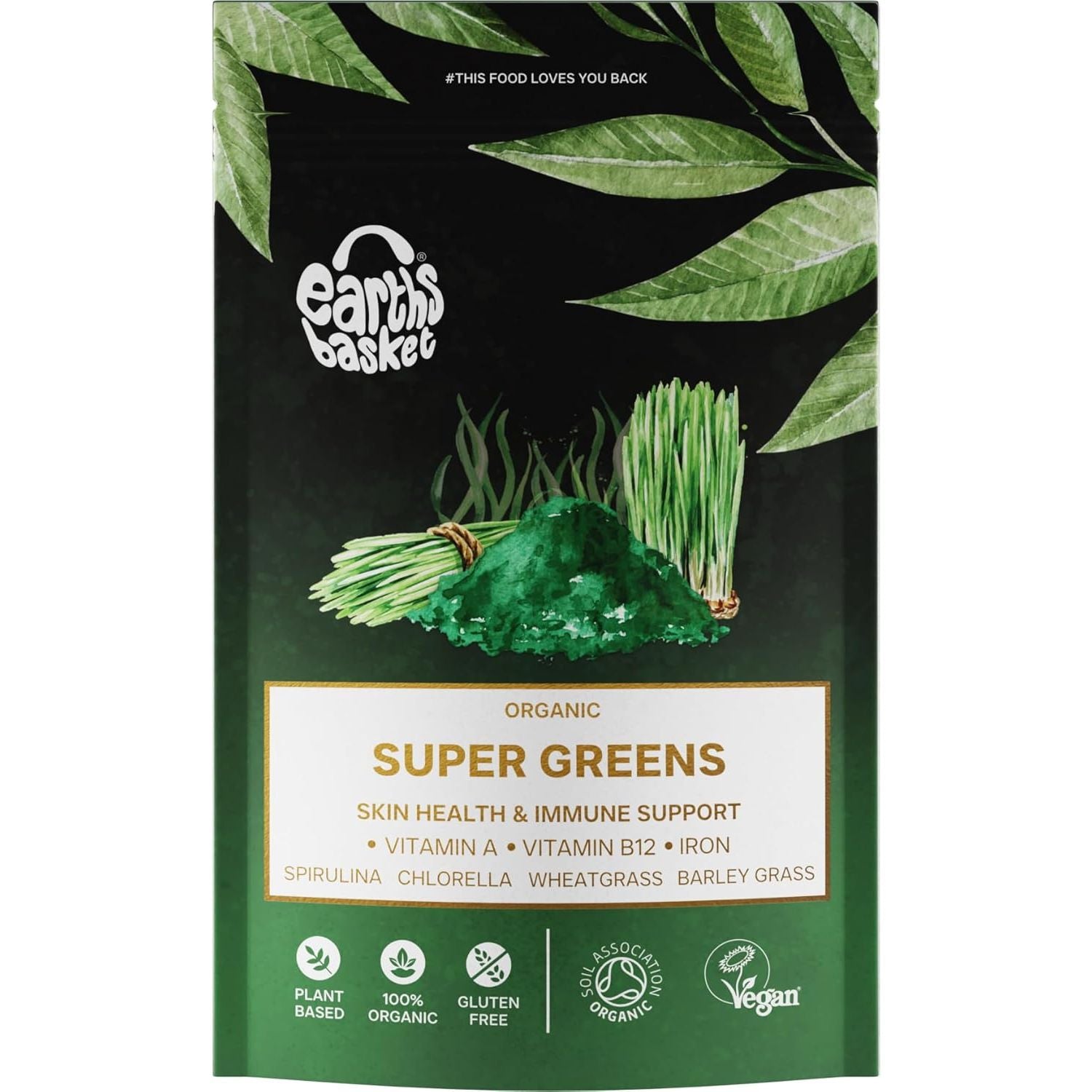 Earths Basket Organic Super Greens Powder - 100G - Blend of Spirulina, Chlorella, Wheatgrass & Barley Grass - Rich in Vitamin A, B12 & Iron