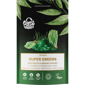 Earths Basket Organic Super Greens Powder - 100G - Blend of Spirulina, Chlorella, Wheatgrass & Barley Grass - Rich in Vitamin A, B12 & Iron