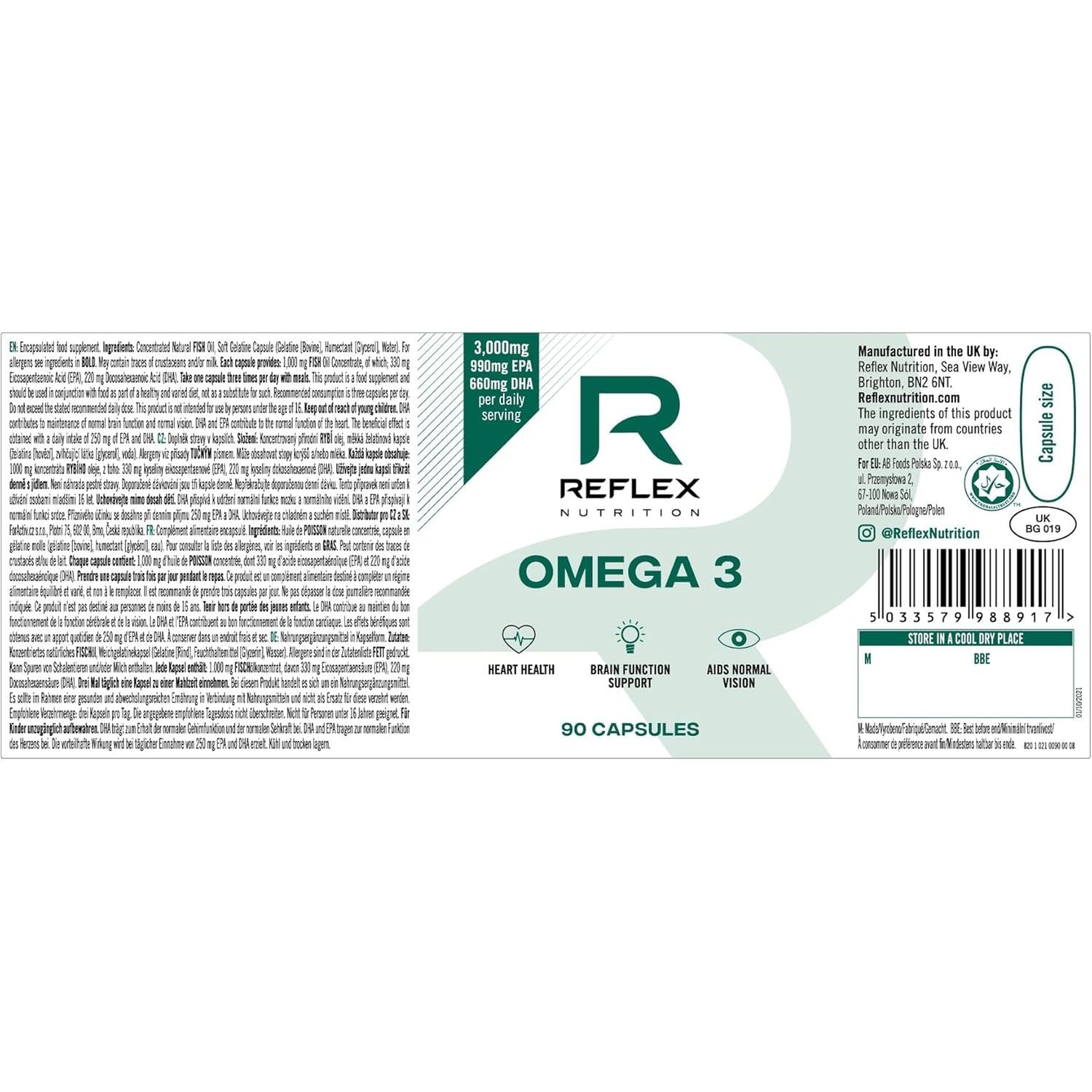 Reflex Nutrition Omega 3 - Omega 3 Capsules High Strength: 1000Mg Fish Oil Supplement with 330Mg EPA & 220Mg DHA - Support Heart Health & Brain Function - Maintain Normal Blood Pressure (90 Capsules)